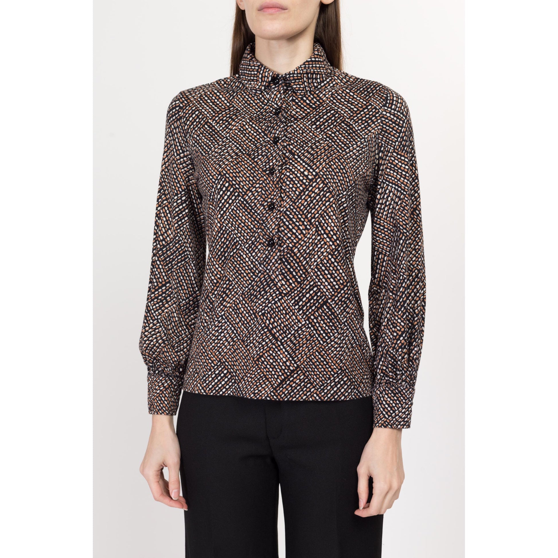 Small 70s Mod Op Art Print Collared Shirt | Vintage Abstract Button Up Long Sleeve Jersey Knit Top