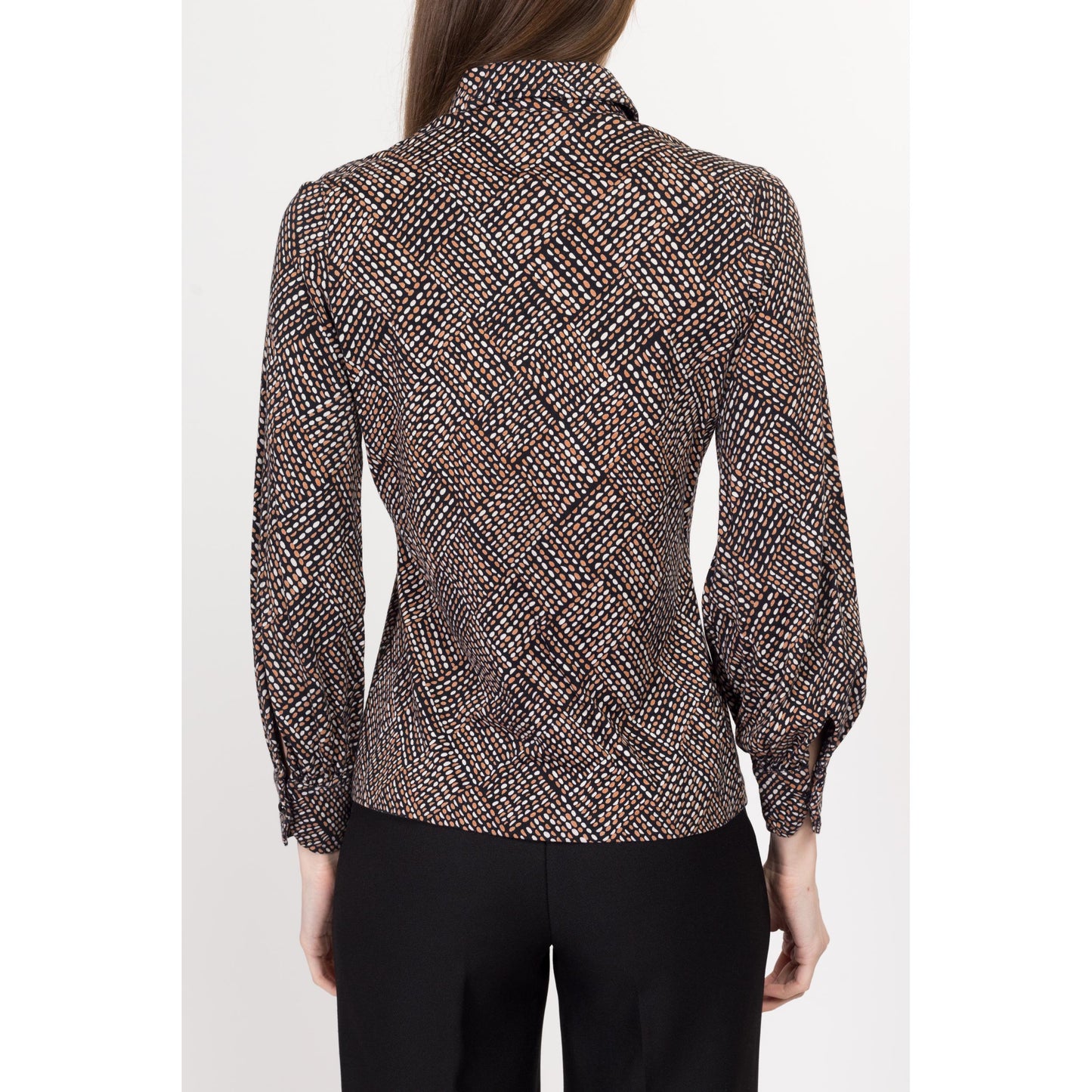 Small 70s Mod Op Art Print Collared Shirt | Vintage Abstract Button Up Long Sleeve Jersey Knit Top