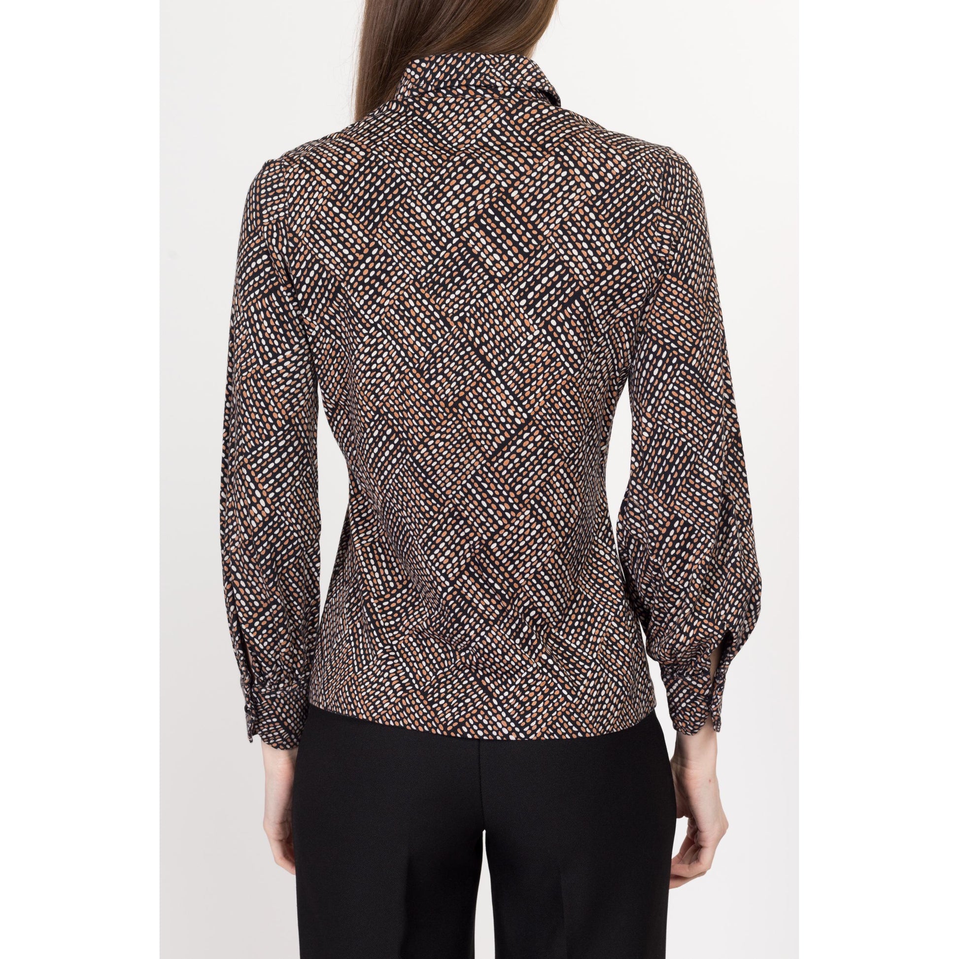 Small 70s Mod Op Art Print Collared Shirt | Vintage Abstract Button Up Long Sleeve Jersey Knit Top
