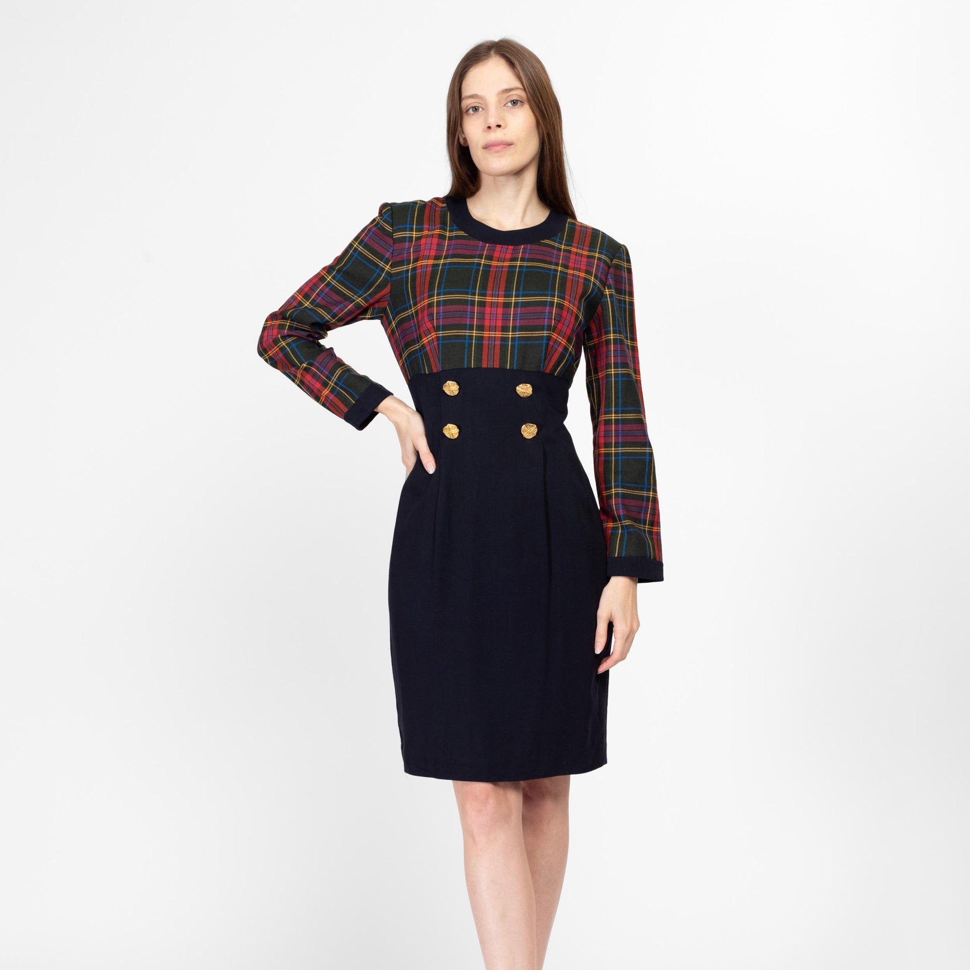 80s Red & Black Plaid Secretary Dress