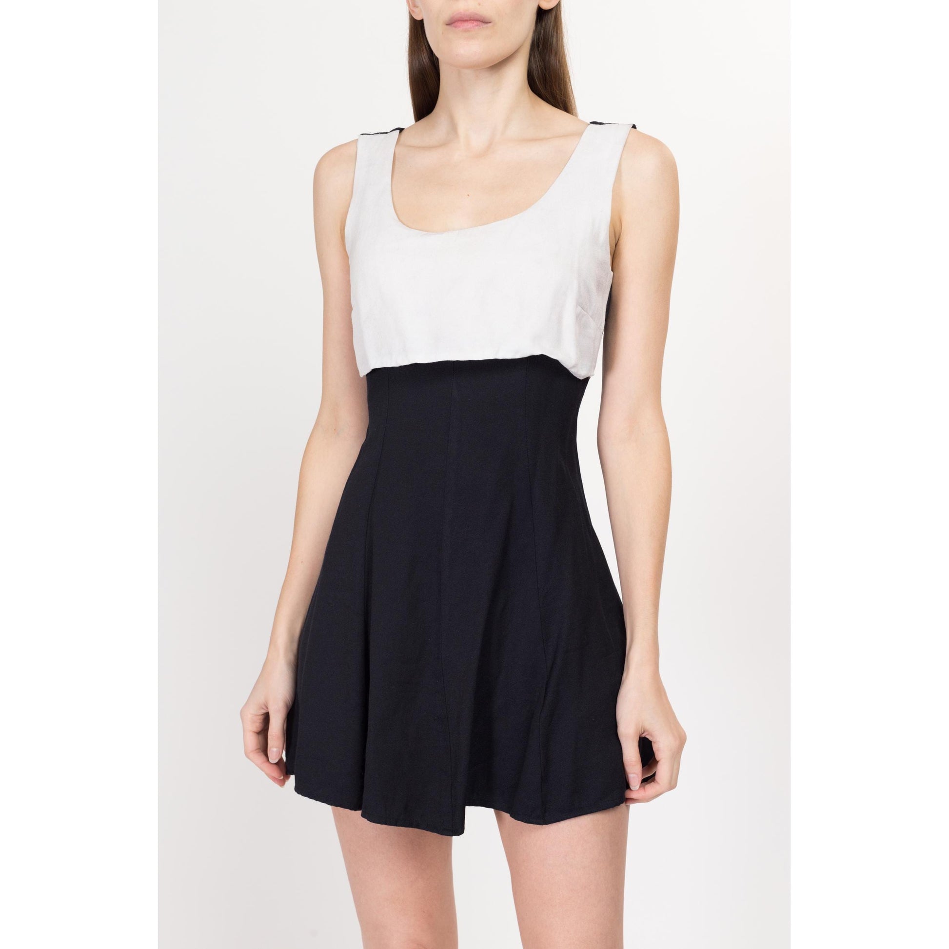 XS-Sm 90s Black & White Corset Back Mini Dress | Vintage Fit Flare Sleeveless Skater Dress