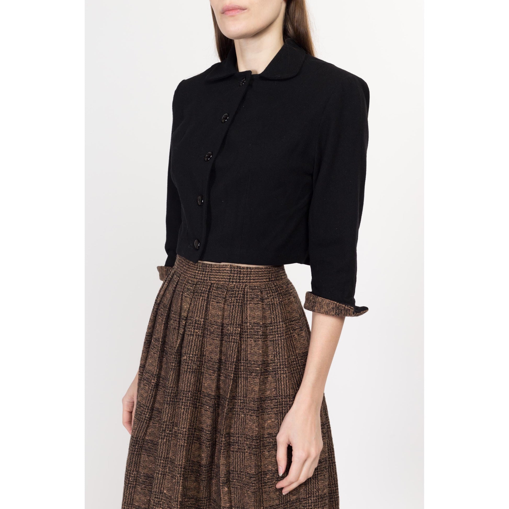Small 1940s Black & Brown Plaid Skirt Suit Set | Vintage 40s 50s Matching Two Piece Wool Cropped Blazer Outfit