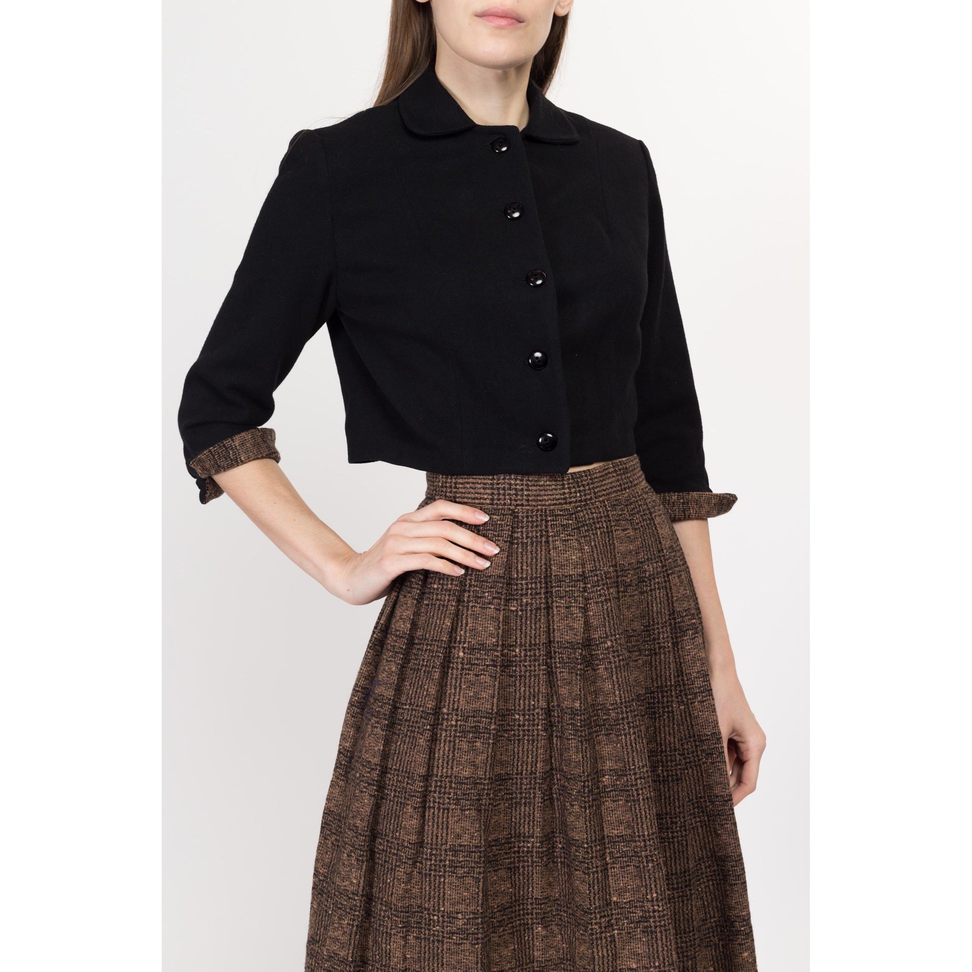 Small 1940s Black & Brown Plaid Skirt Suit Set | Vintage 40s 50s Matching Two Piece Wool Cropped Blazer Outfit
