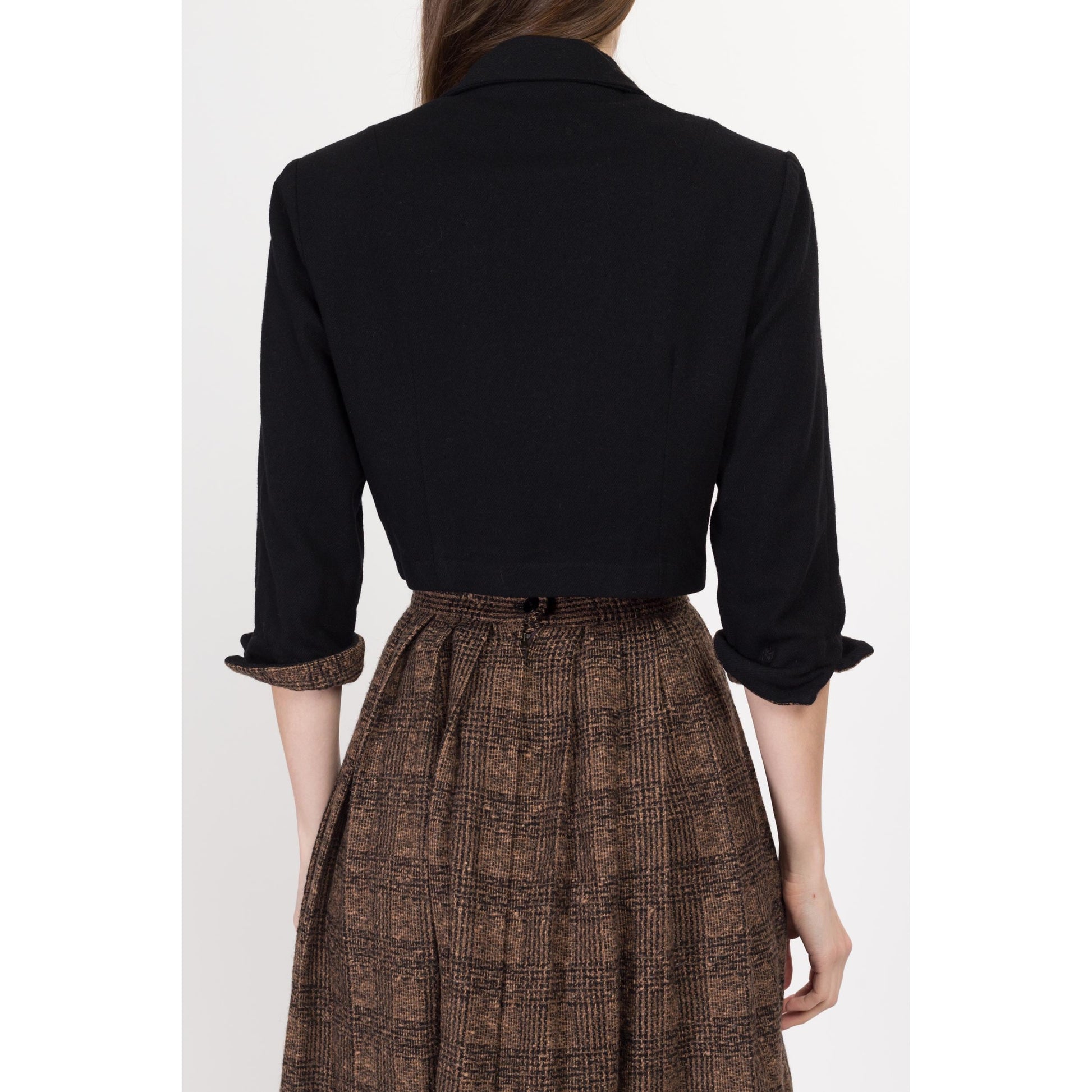 Small 1940s Black & Brown Plaid Skirt Suit Set | Vintage 40s 50s Matching Two Piece Wool Cropped Blazer Outfit