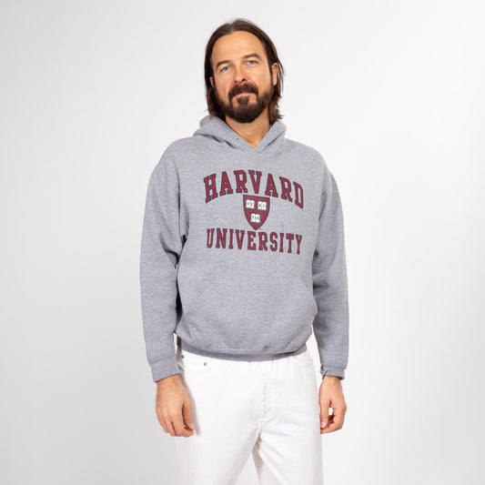 Med-Lrg 90s Harvard University Hooded Sweatshirt | Vintage Heather Gray Collegiate Hoodie Pullover