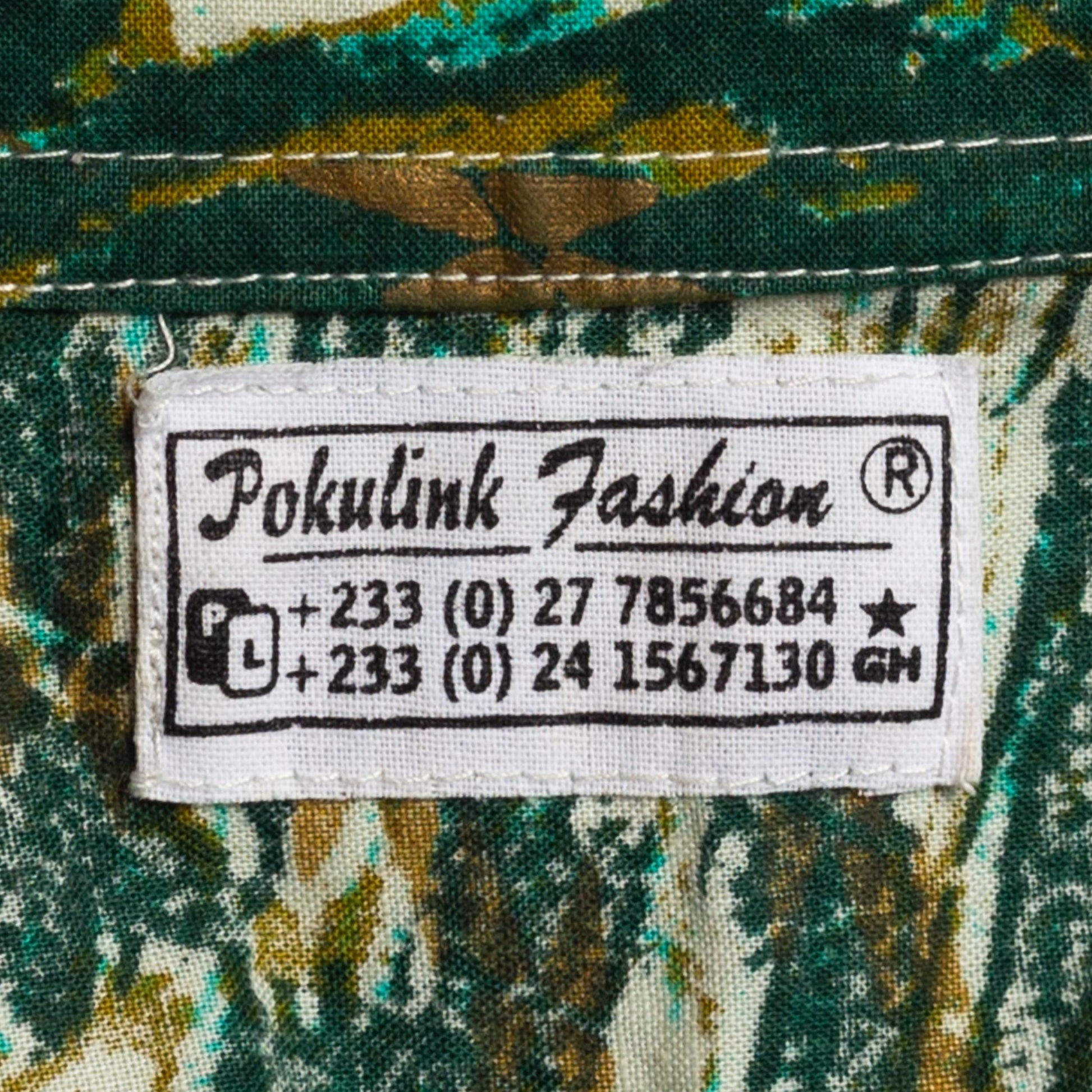 Medium 80s African Green & White Block Print Shirt | Vintage Gold Metallic Collared Short Sleeve Yoke Shirt