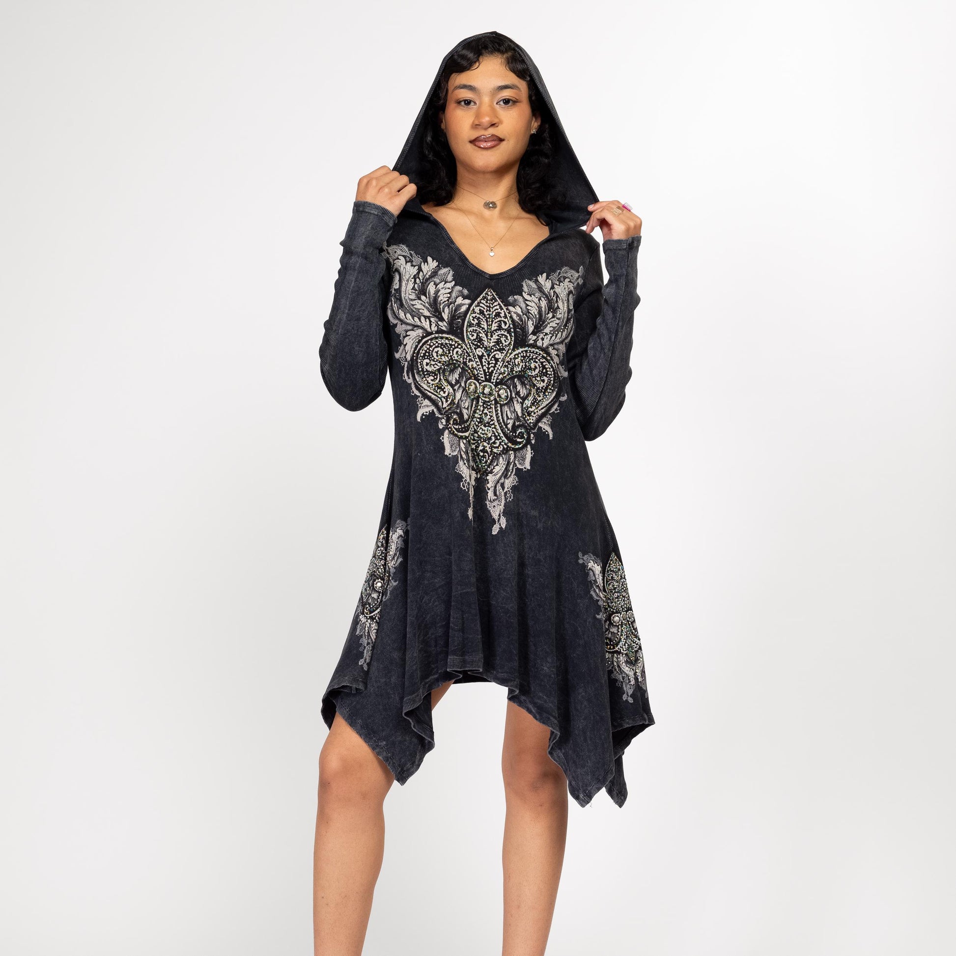 Large Y2k Nu Goth Faded Black Hooded Mini Dress | Vintage Long Sleeve Scarf Hem Fairycore Dress