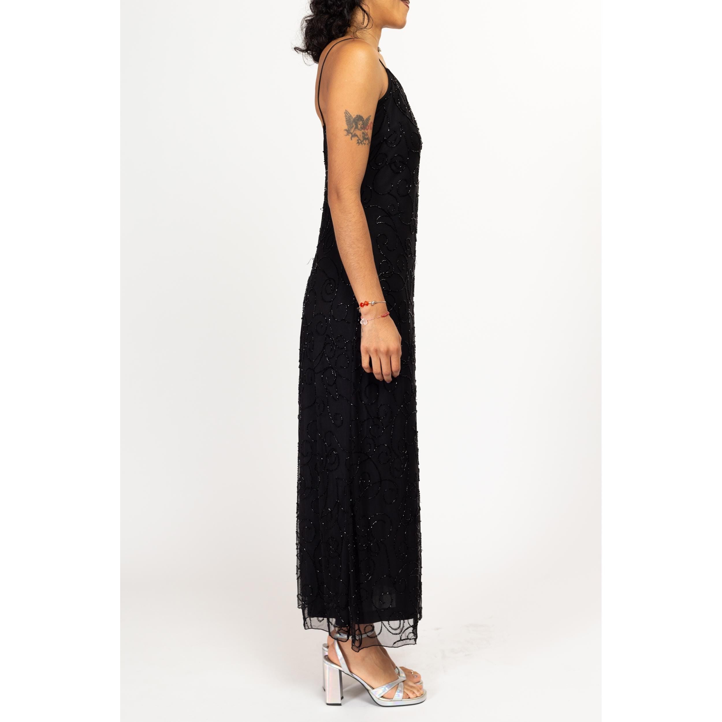 Flying Apple Vintage Small 90s Black Beaded Slinky Formal Gown