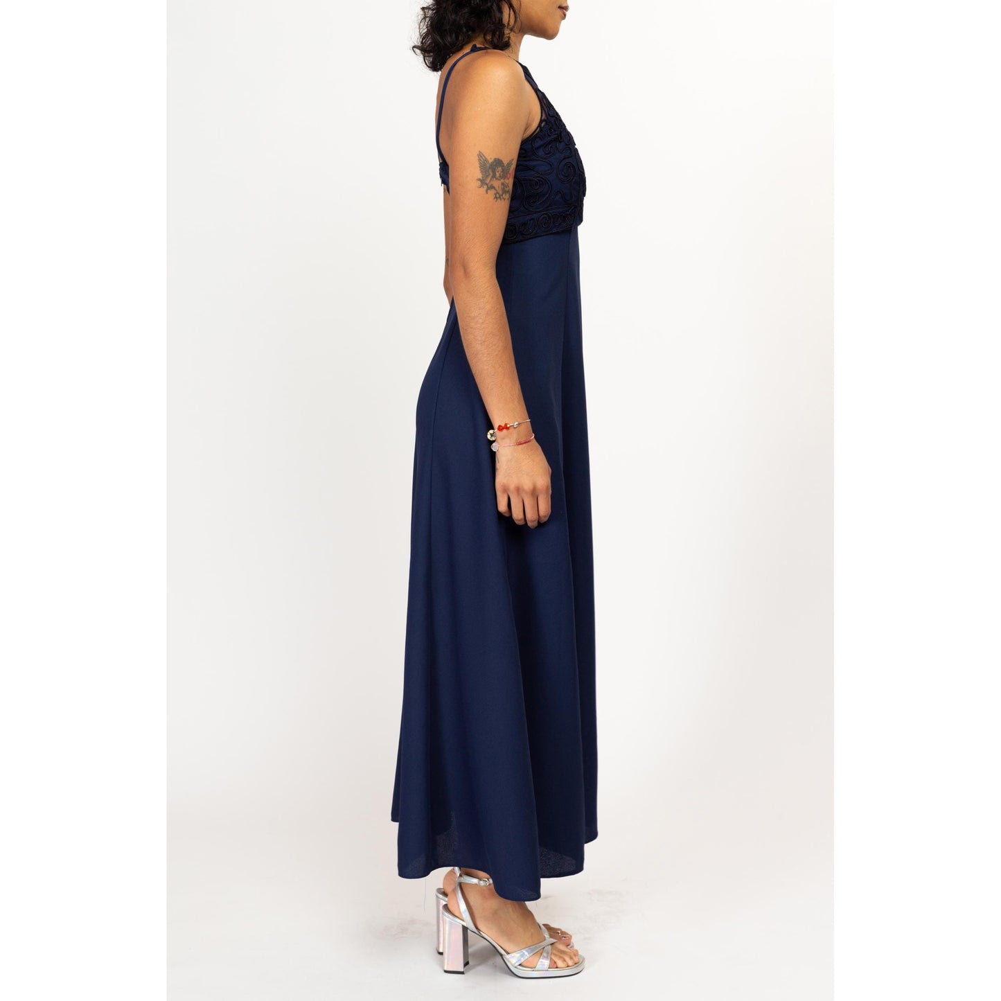 Small 90s Navy Blue Soutache Trim Evening Gown | Vintage Sleeveless Formal Maxi Prom Dress