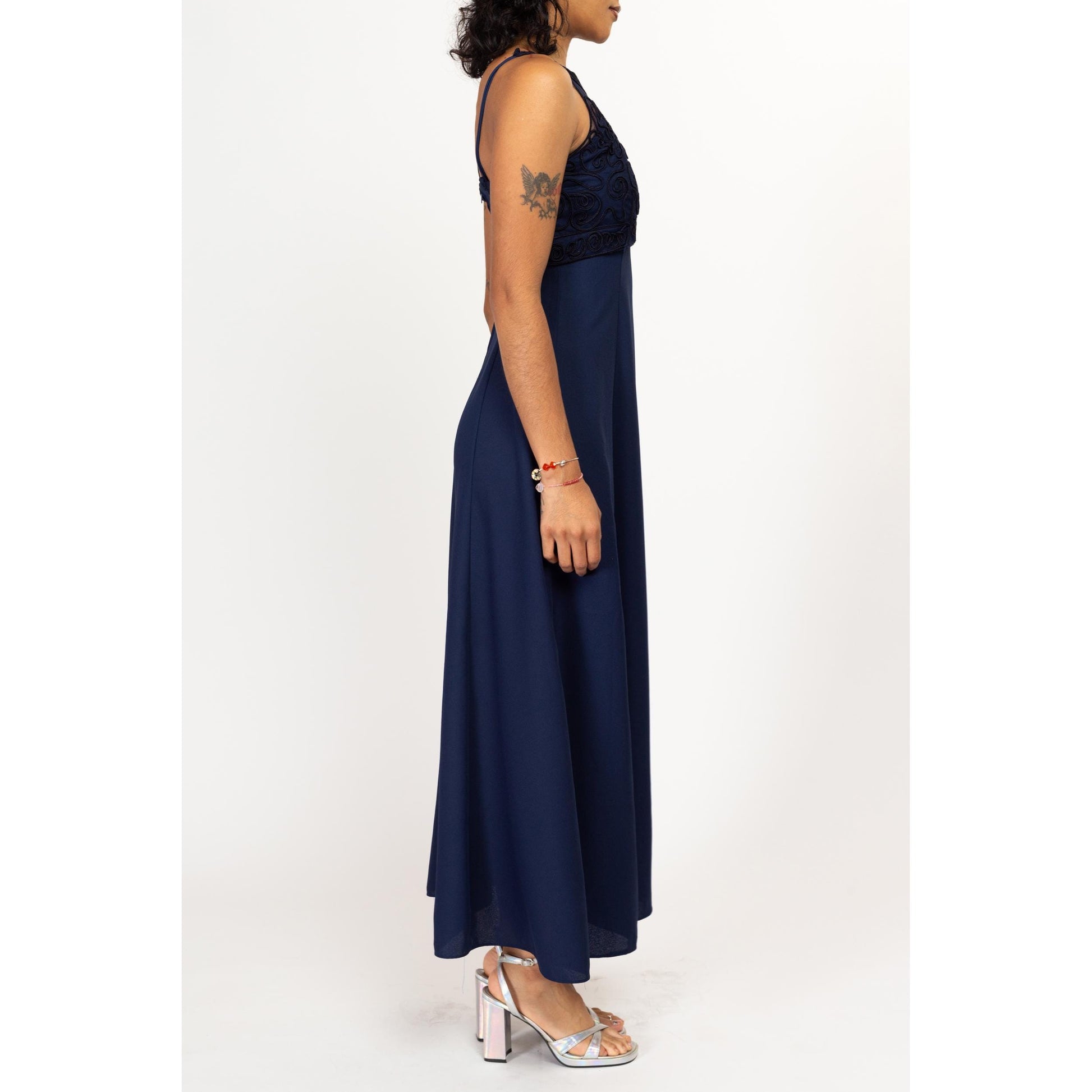 Small 90s Navy Blue Soutache Trim Evening Gown | Vintage Sleeveless Formal Maxi Prom Dress