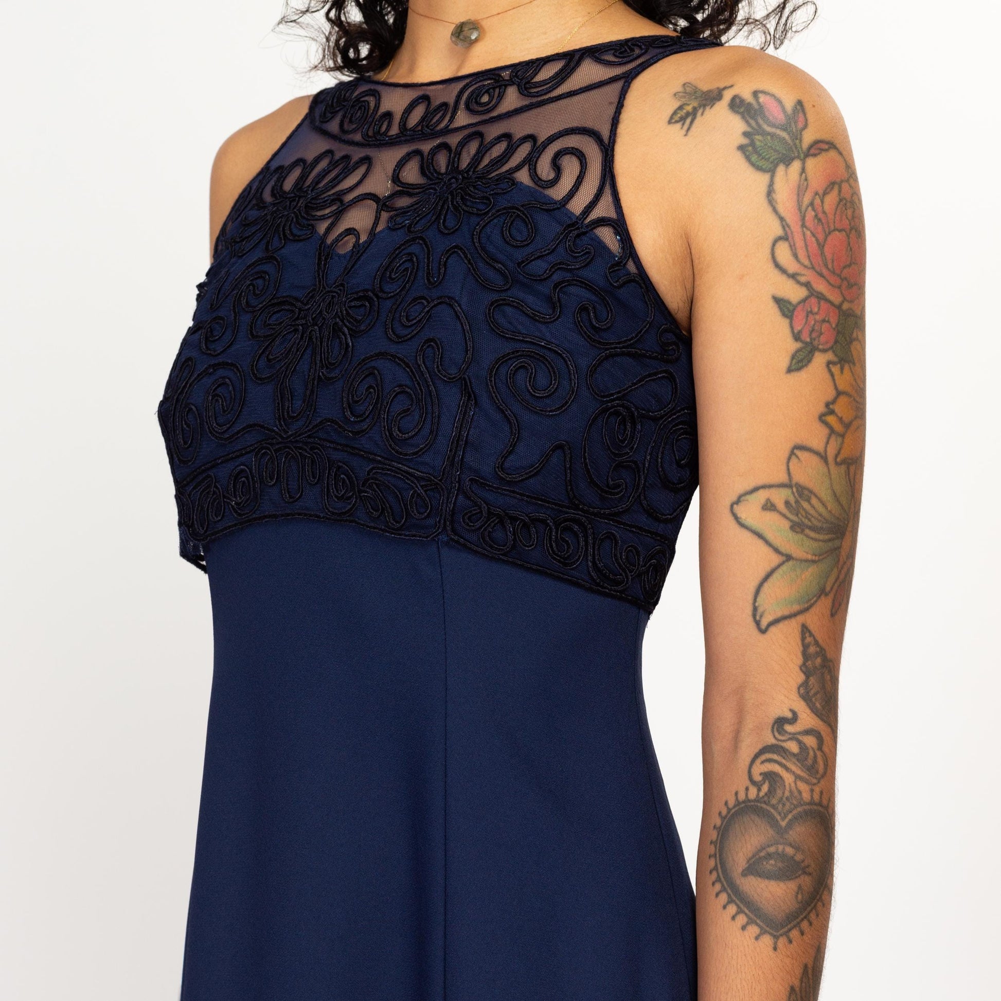 Small 90s Navy Blue Soutache Trim Evening Gown | Vintage Sleeveless Formal Maxi Prom Dress