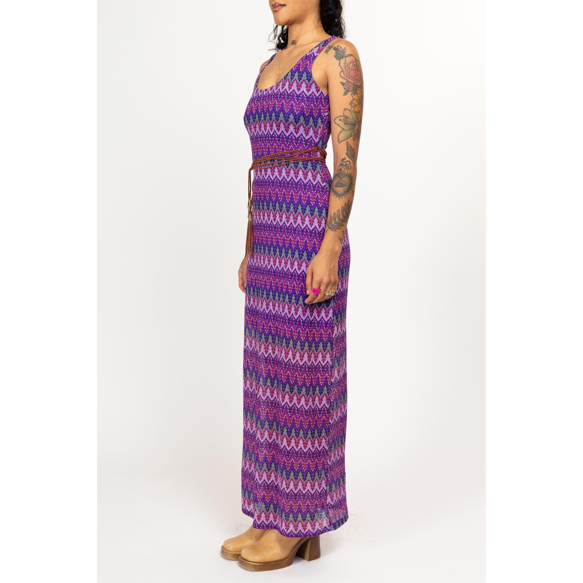 Small Y2K Boho Purple Flame Stitch Knit Maxi Dress Flying Apple Vintage Small Y2K Boho Purple Flame Stitch Knit Maxi Dress Flying Apple Vintage