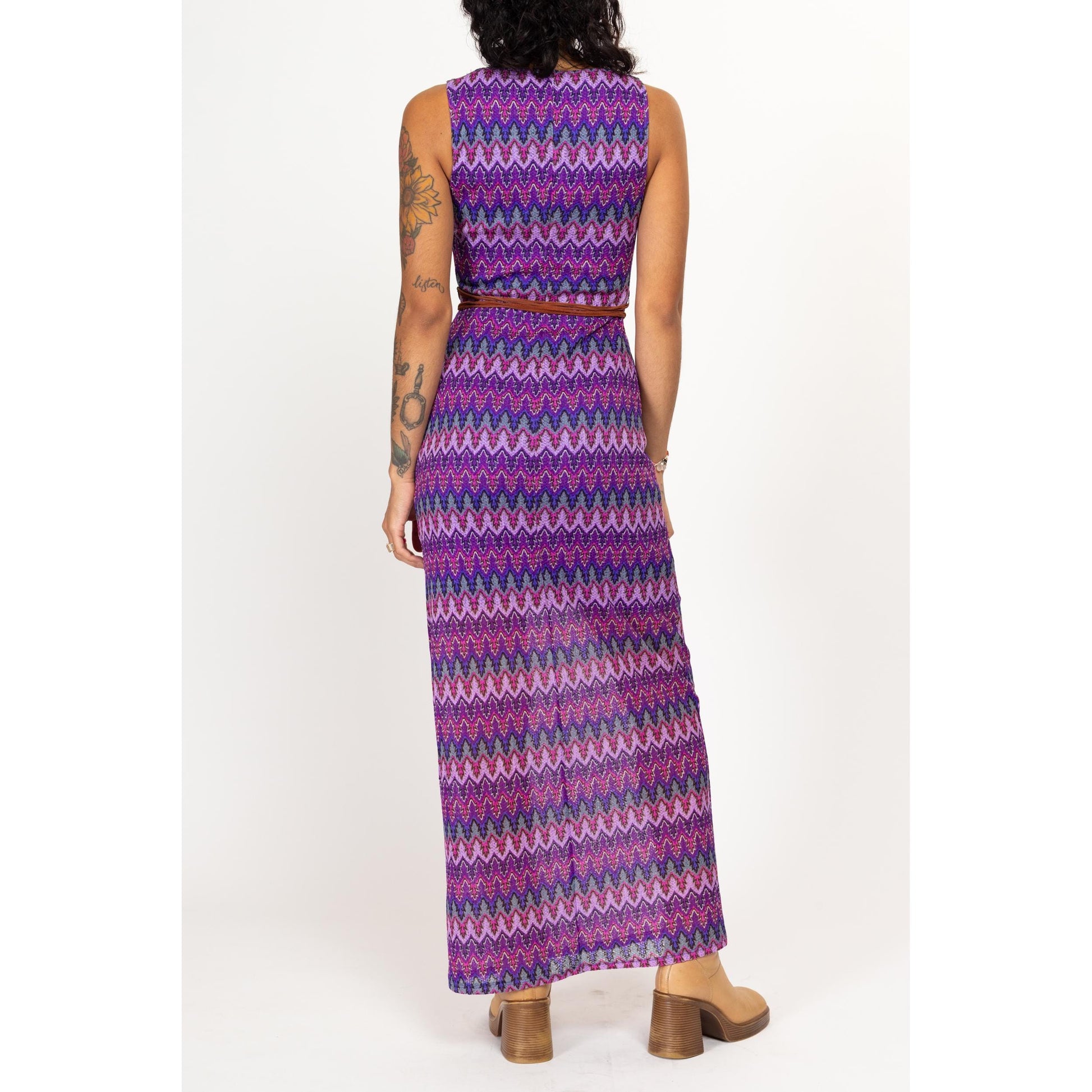Small Y2K Boho Purple Flame Stitch Knit Maxi Dress – Flying Apple Vintage