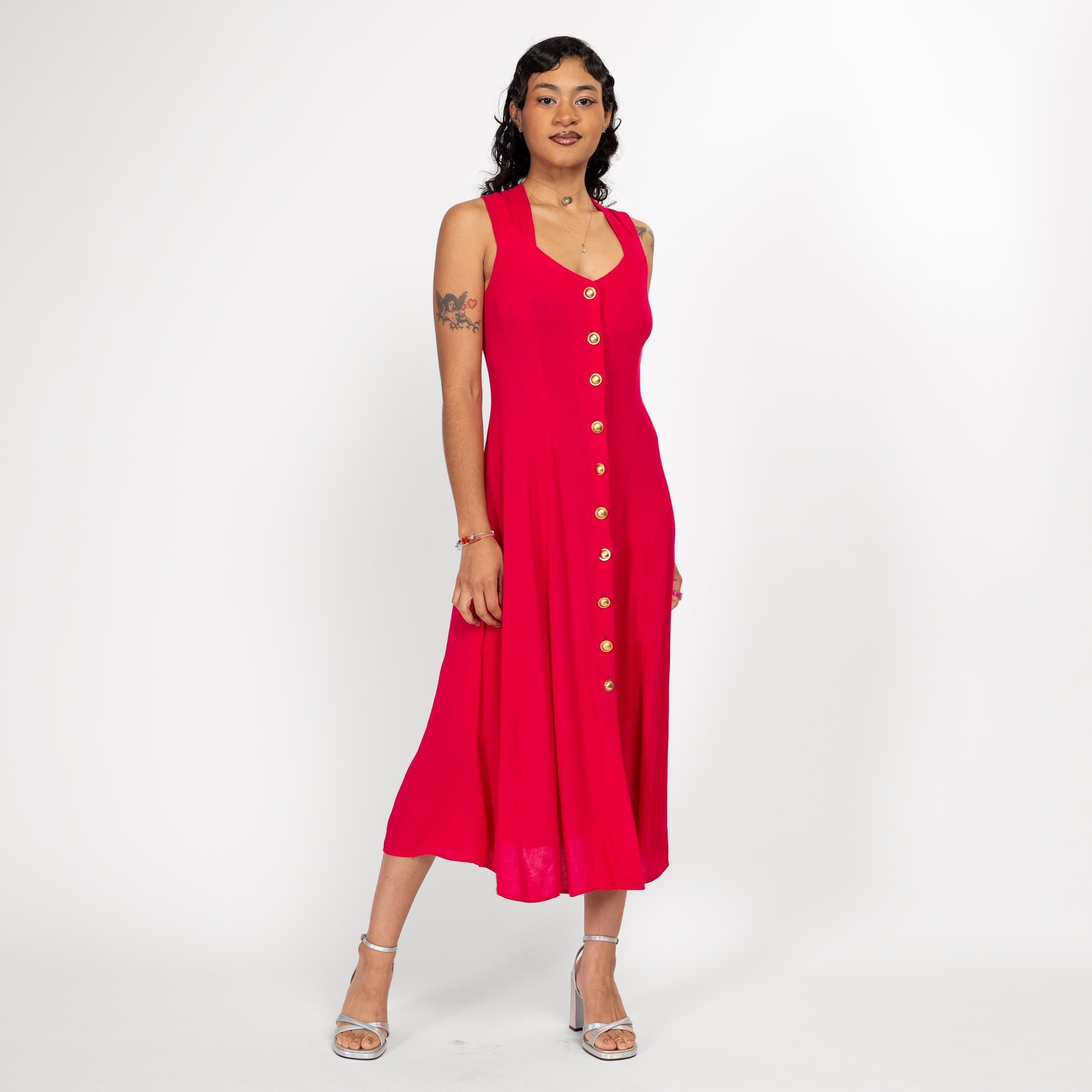 Small 90s Hot Pink Strappy Back Gauzy Midi Sundress Flying Apple Vintage