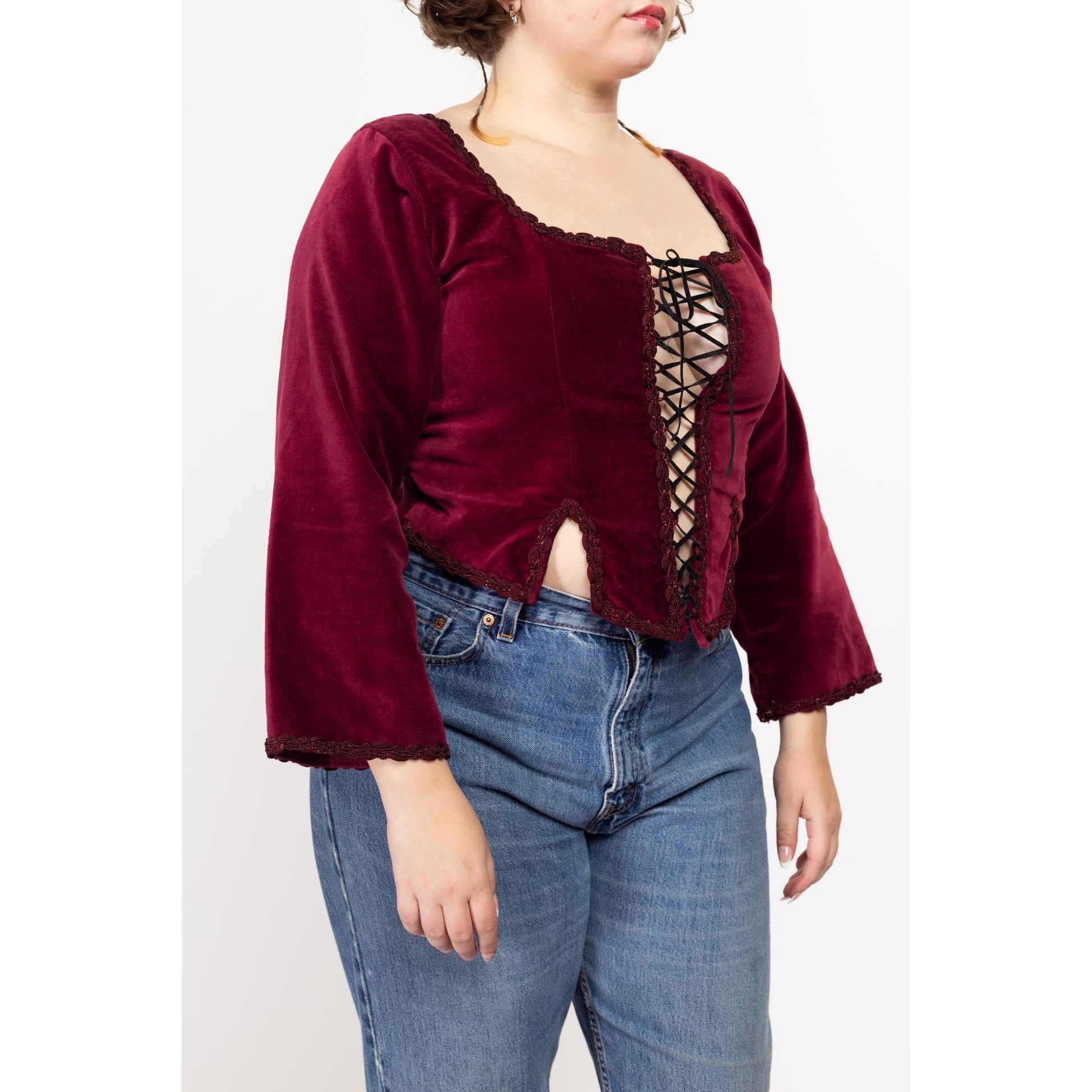 Large 90s Wine Red Velvet Renaissance Lace Up Corset Top | Vintage Long Sleeve Ren Faire Bustier Bodice Blouse