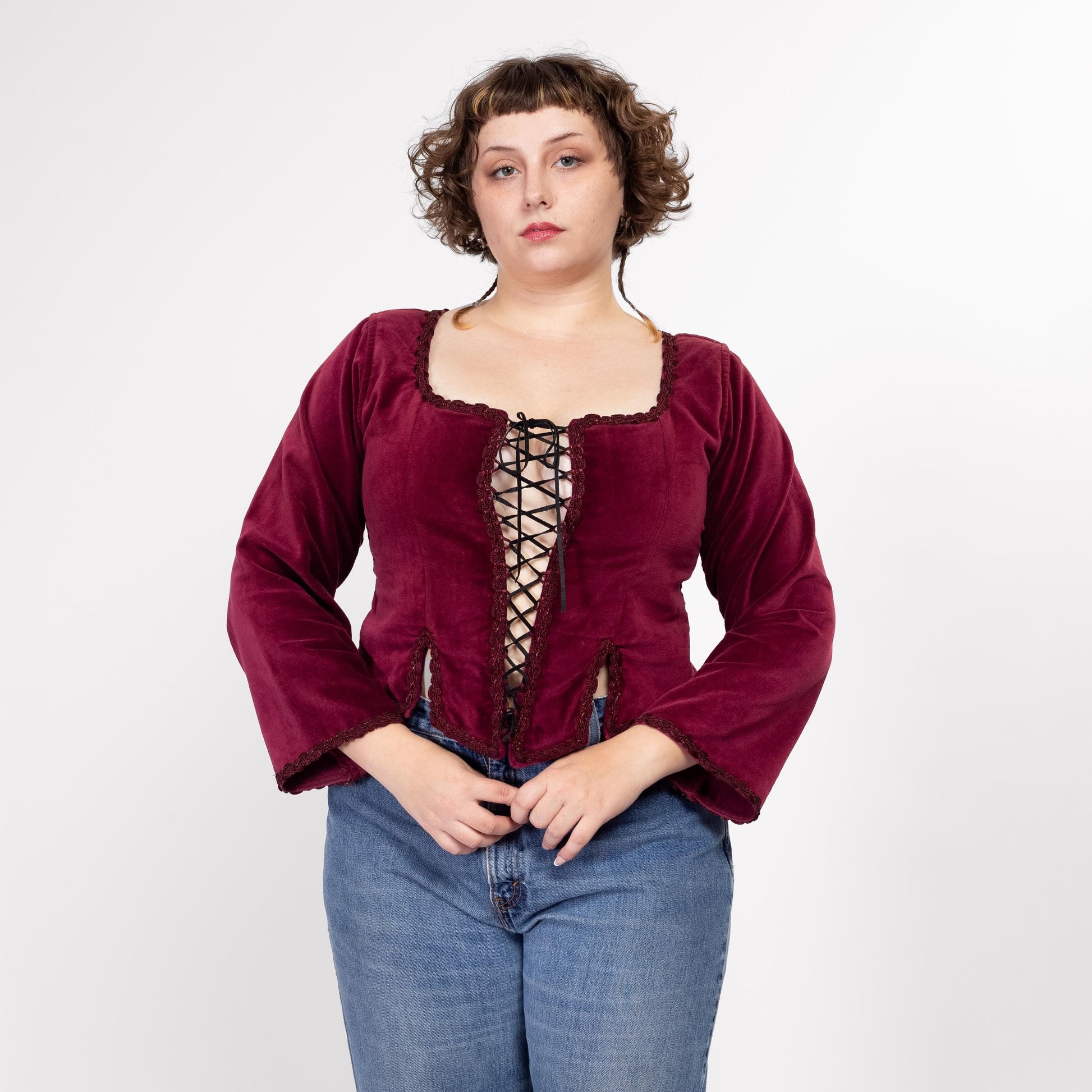 Large 90s Wine Red Velvet Renaissance Lace Up Corset Top | Vintage Long Sleeve Ren Faire Bustier Bodice Blouse