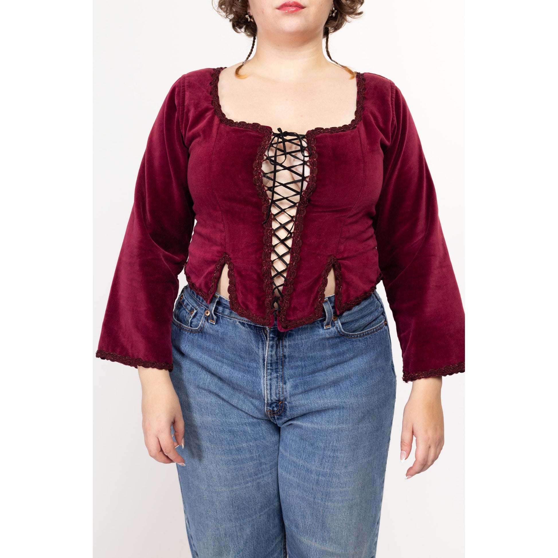 Large 90s Wine Red Velvet Renaissance Lace Up Corset Top | Vintage Long Sleeve Ren Faire Bustier Bodice Blouse