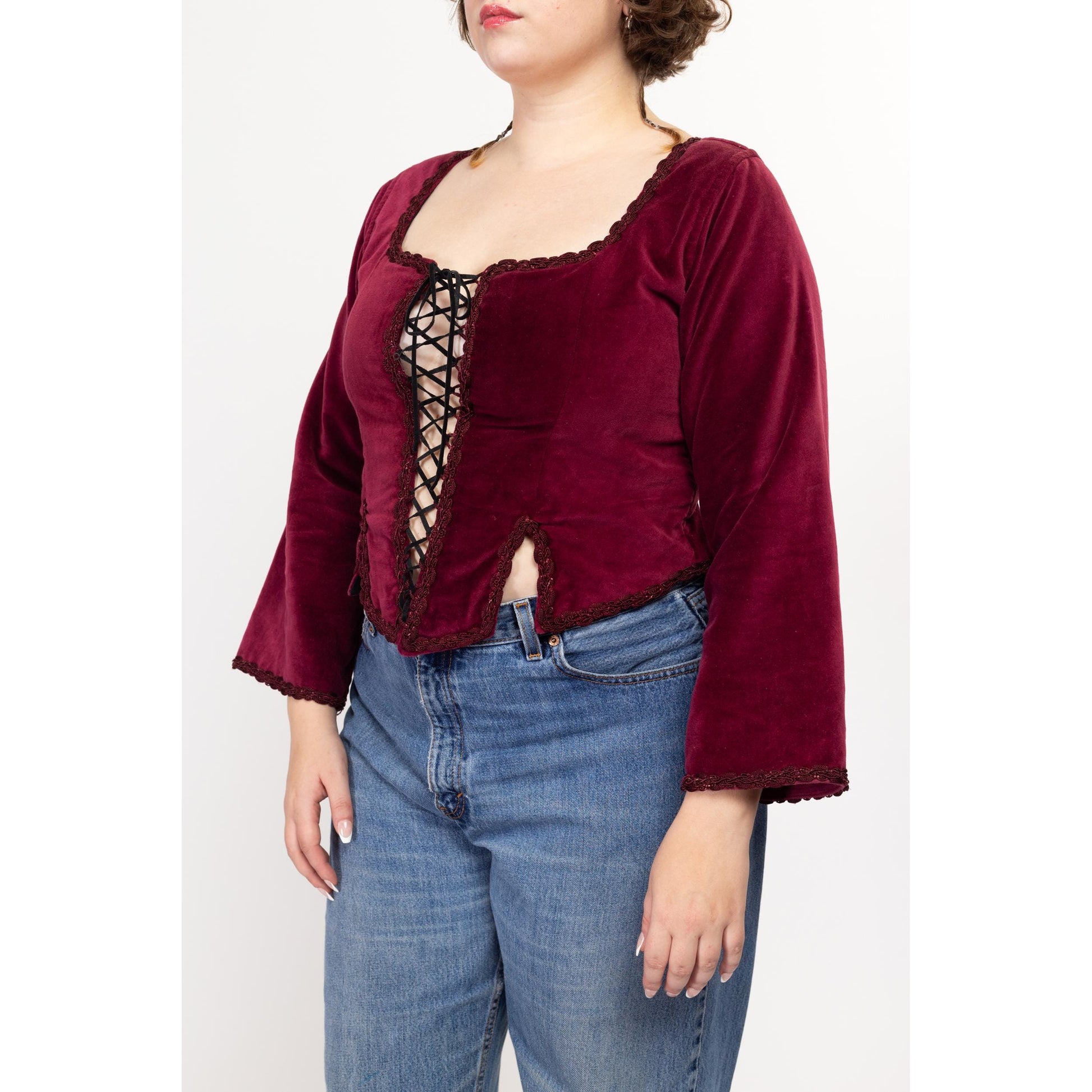 Large 90s Wine Red Velvet Renaissance Lace Up Corset Top | Vintage Long Sleeve Ren Faire Bustier Bodice Blouse