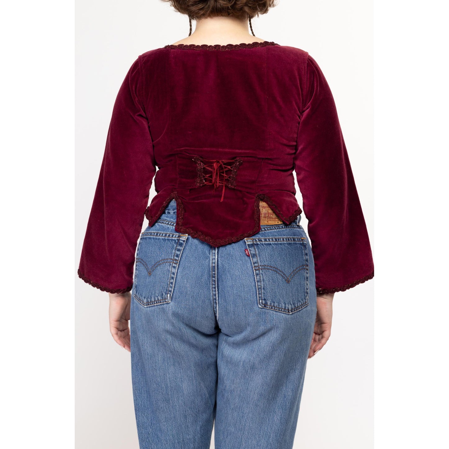 Large 90s Wine Red Velvet Renaissance Lace Up Corset Top | Vintage Long Sleeve Ren Faire Bustier Bodice Blouse