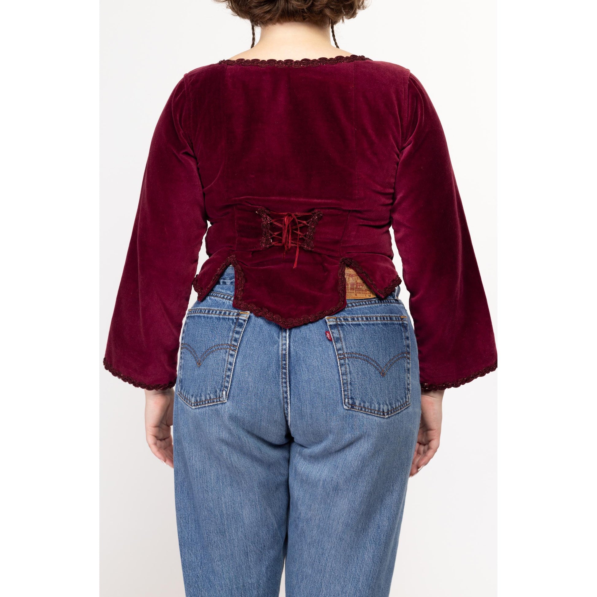Large 90s Wine Red Velvet Renaissance Lace Up Corset Top | Vintage Long Sleeve Ren Faire Bustier Bodice Blouse