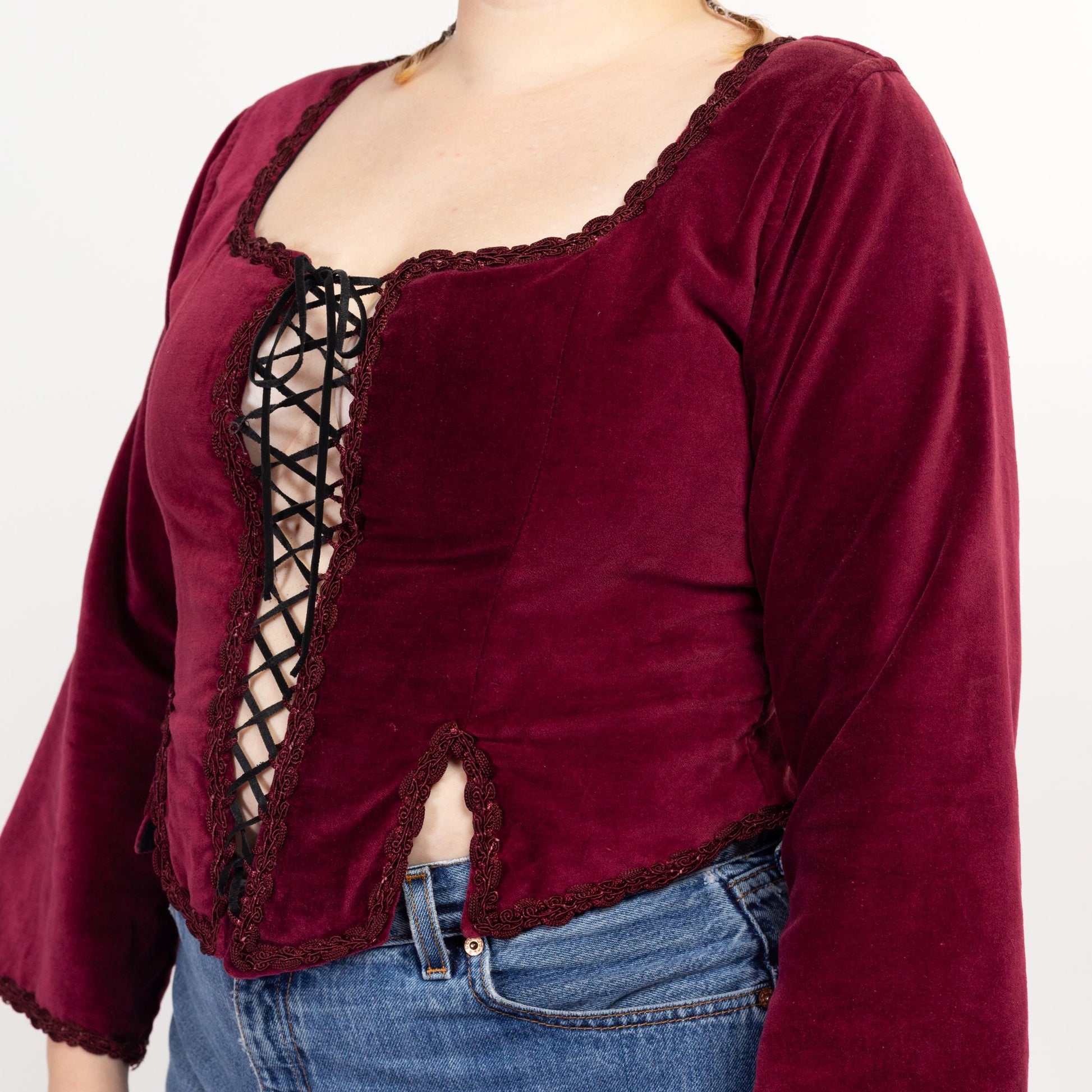 Large 90s Wine Red Velvet Renaissance Lace Up Corset Top | Vintage Long Sleeve Ren Faire Bustier Bodice Blouse