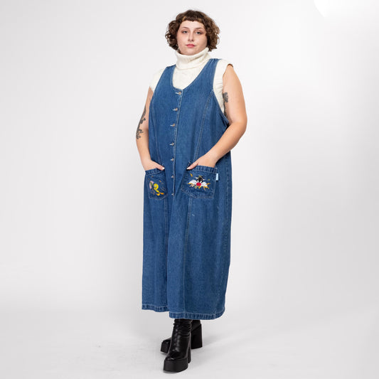 3X 90s Tweety & Sylvester Looney Tunes Denim Pinafore Maxi Dress | Vintage Cartoon Blue Jean Sleeveless Overall Jumper Dress