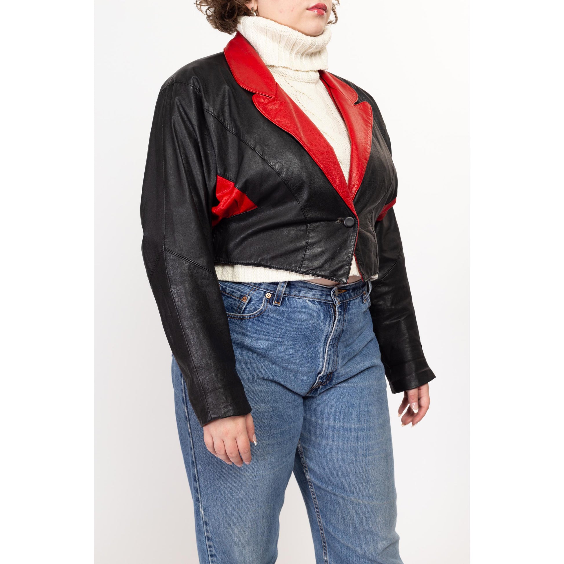 XL 80s Black & Red Leather Cropped Jacket | Vintage Color Block Batwing Moto Coat