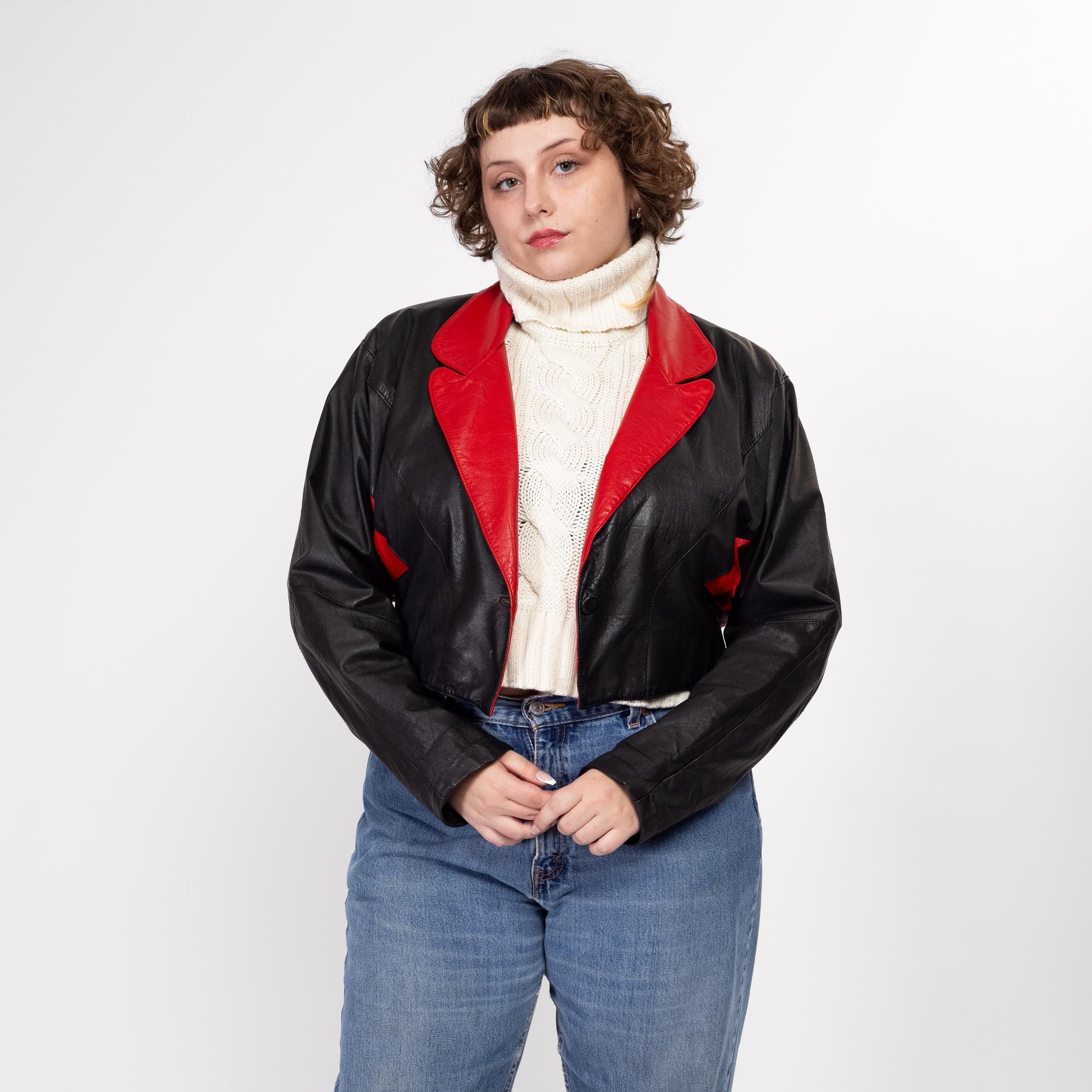 XL 80s Black & Red Leather Cropped Jacket | Vintage Color Block Batwing Moto Coat
