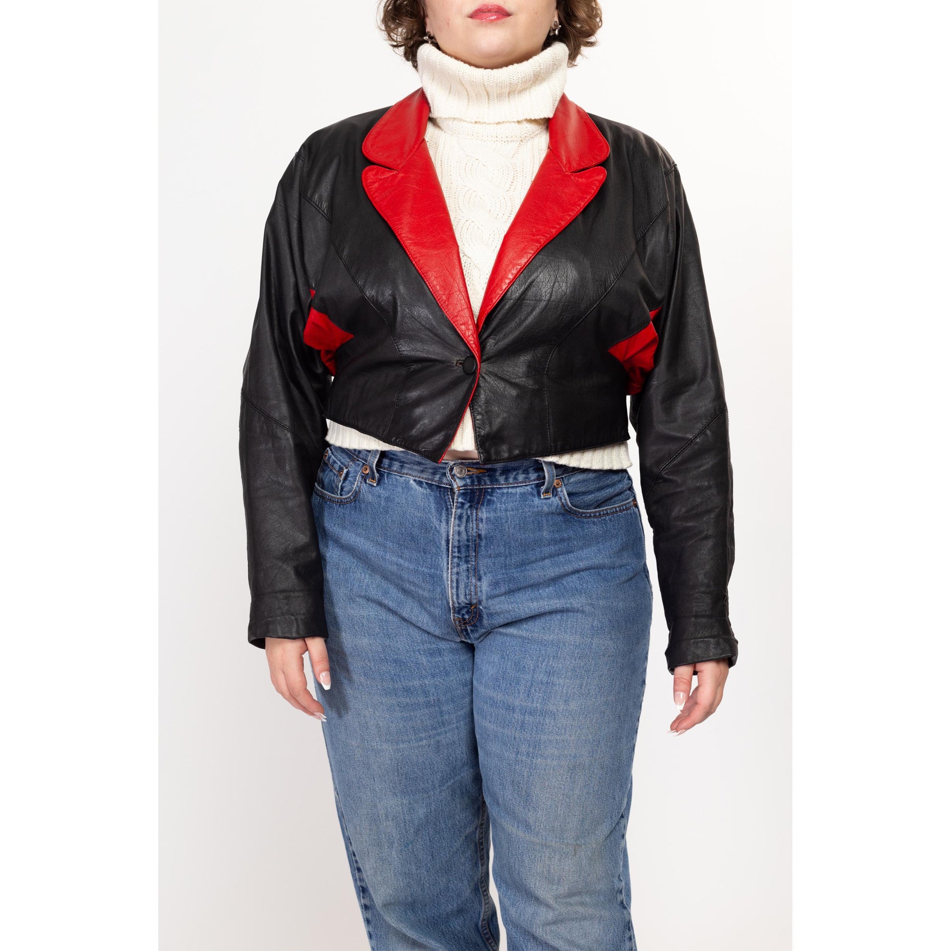 XL 80s Black & Red Leather Cropped Jacket | Vintage Color Block Batwing Moto Coat