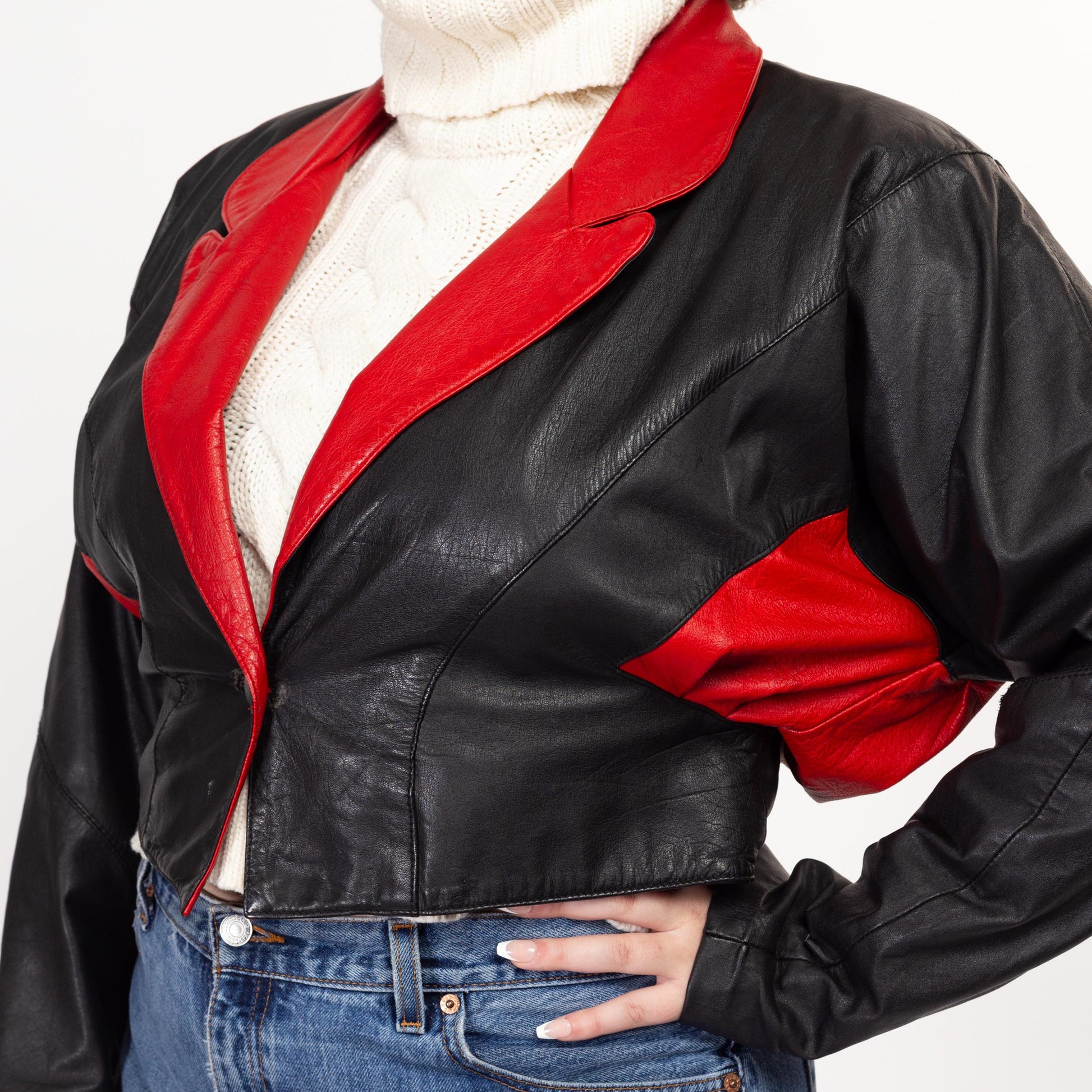 XL 80s Black & Red Leather Cropped Jacket | Vintage Color Block Batwing Moto Coat
