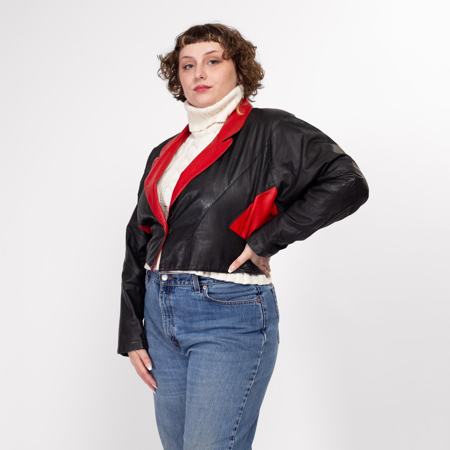 XL 80s Black & Red Leather Cropped Jacket | Vintage Color Block Batwing Moto Coat