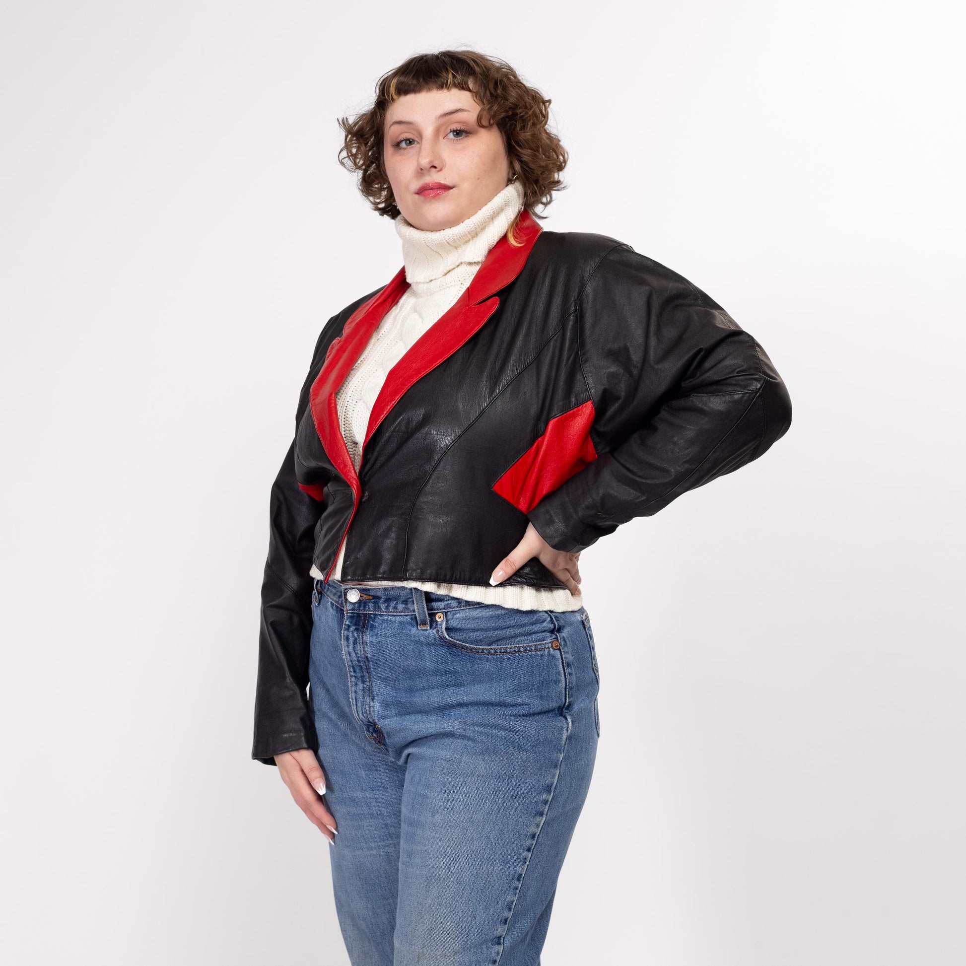 XL 80s Black & Red Leather Cropped Jacket | Vintage Color Block Batwing Moto Coat