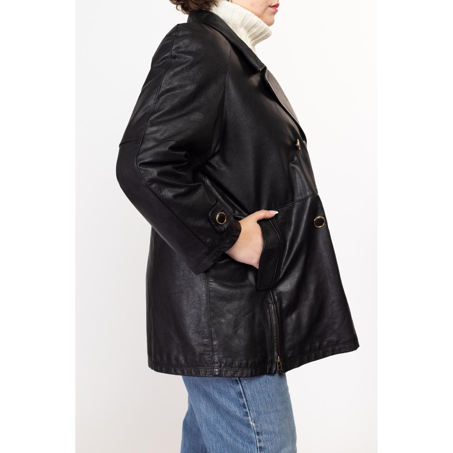 Large 70s Black Leather Double Breasted Jacket | Vintage Mid Length Button Up Notched Collar Coat