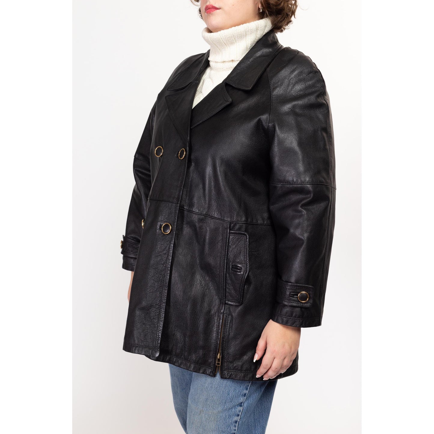 Large 70s Black Leather Double Breasted Jacket | Vintage Mid Length Button Up Notched Collar Coat