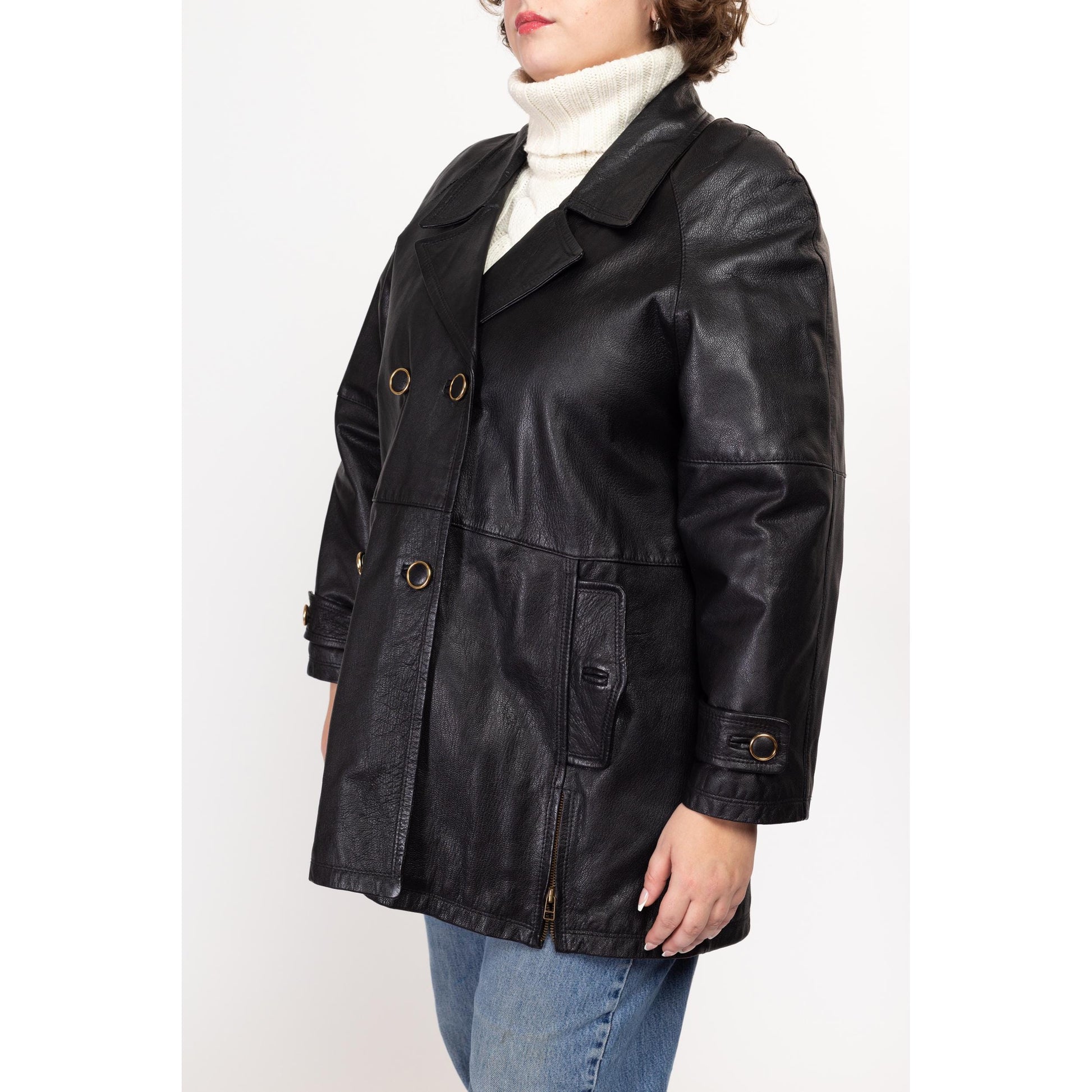 Large 70s Black Leather Double Breasted Jacket | Vintage Mid Length Button Up Notched Collar Coat