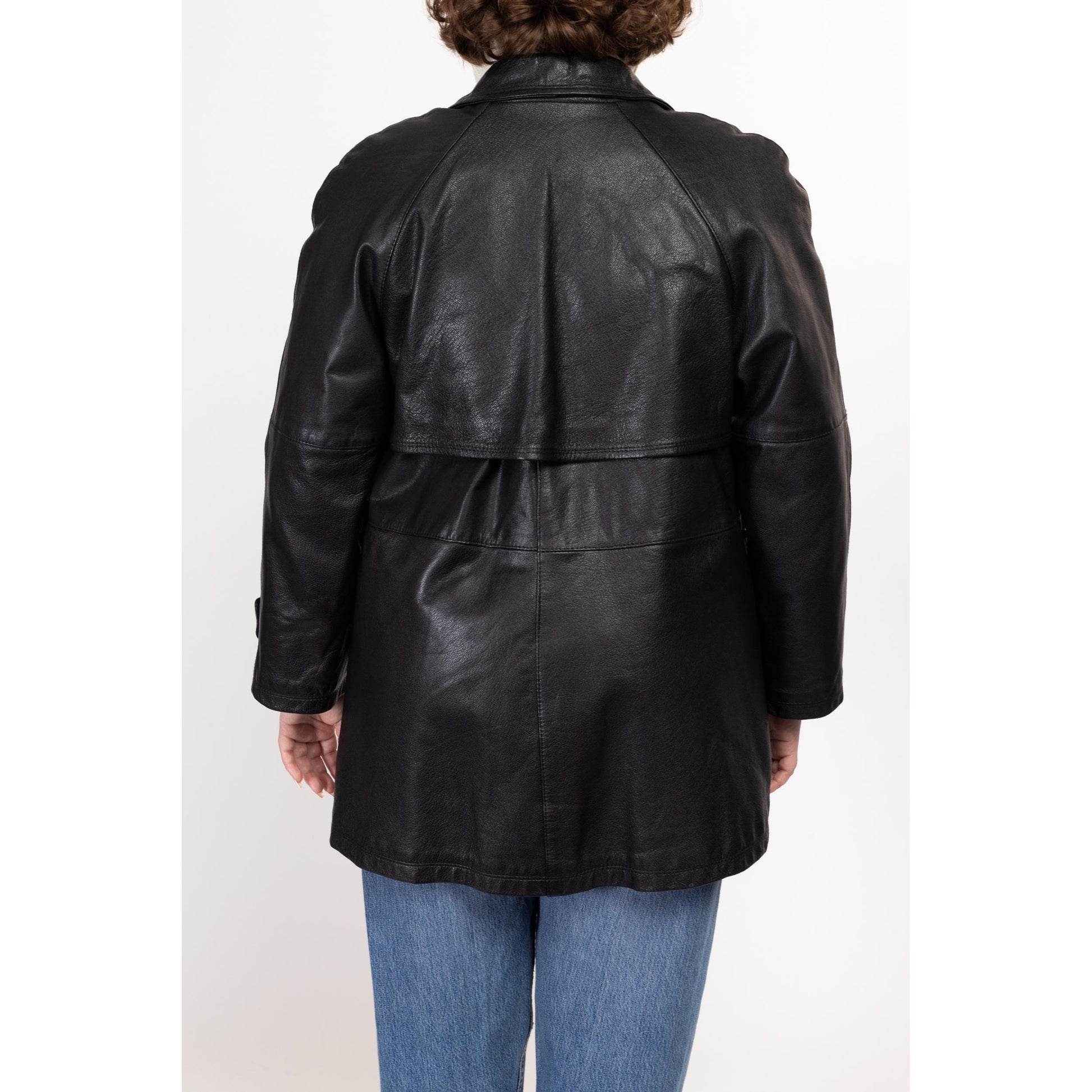 Large 70s Black Leather Double Breasted Jacket | Vintage Mid Length Button Up Notched Collar Coat