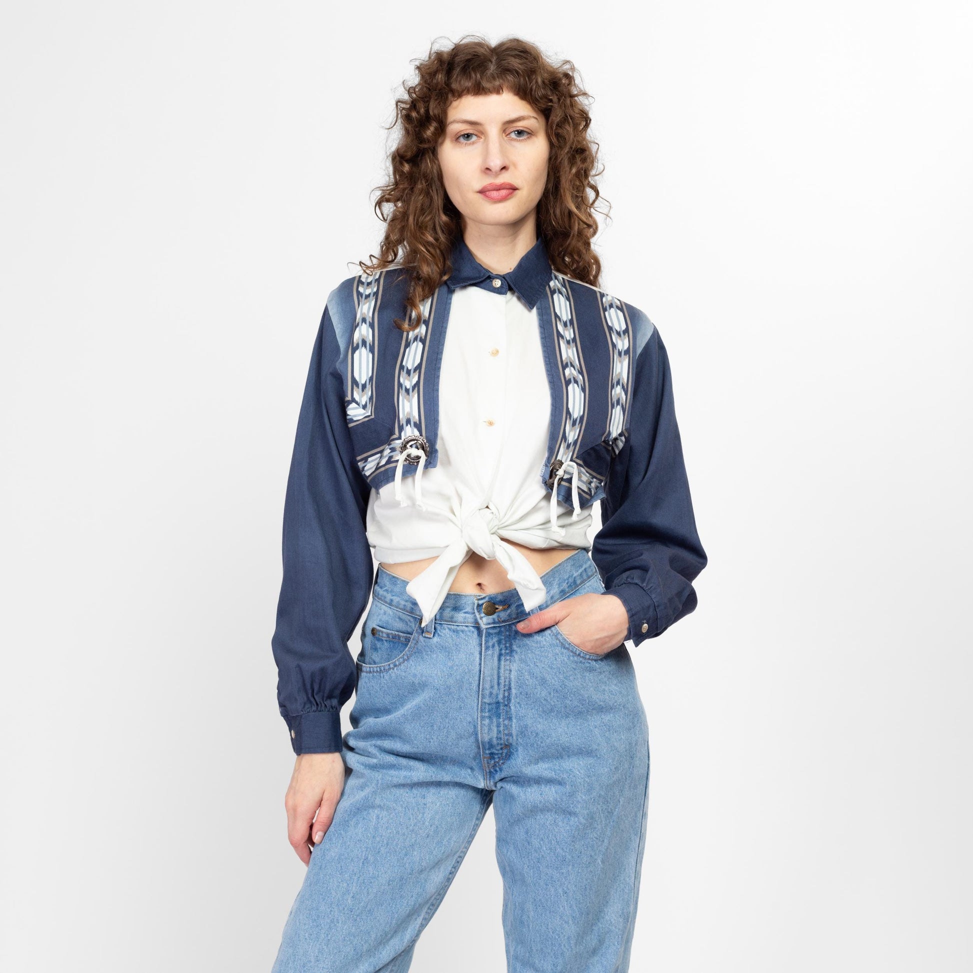 Medium 90s Roper Southwestern Concho Shirt | Vintage White Blue Western Print Long Sleeve Button Up Top