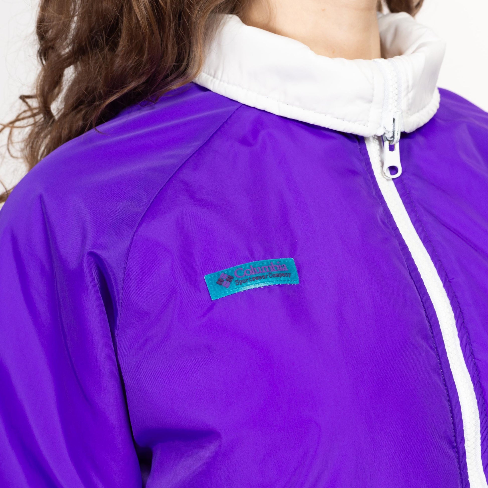 Medium 90s Columbia Reversible Purple & White Puffer Windbreaker | Vintage Zip Up Insulated Winter Ski Jacket