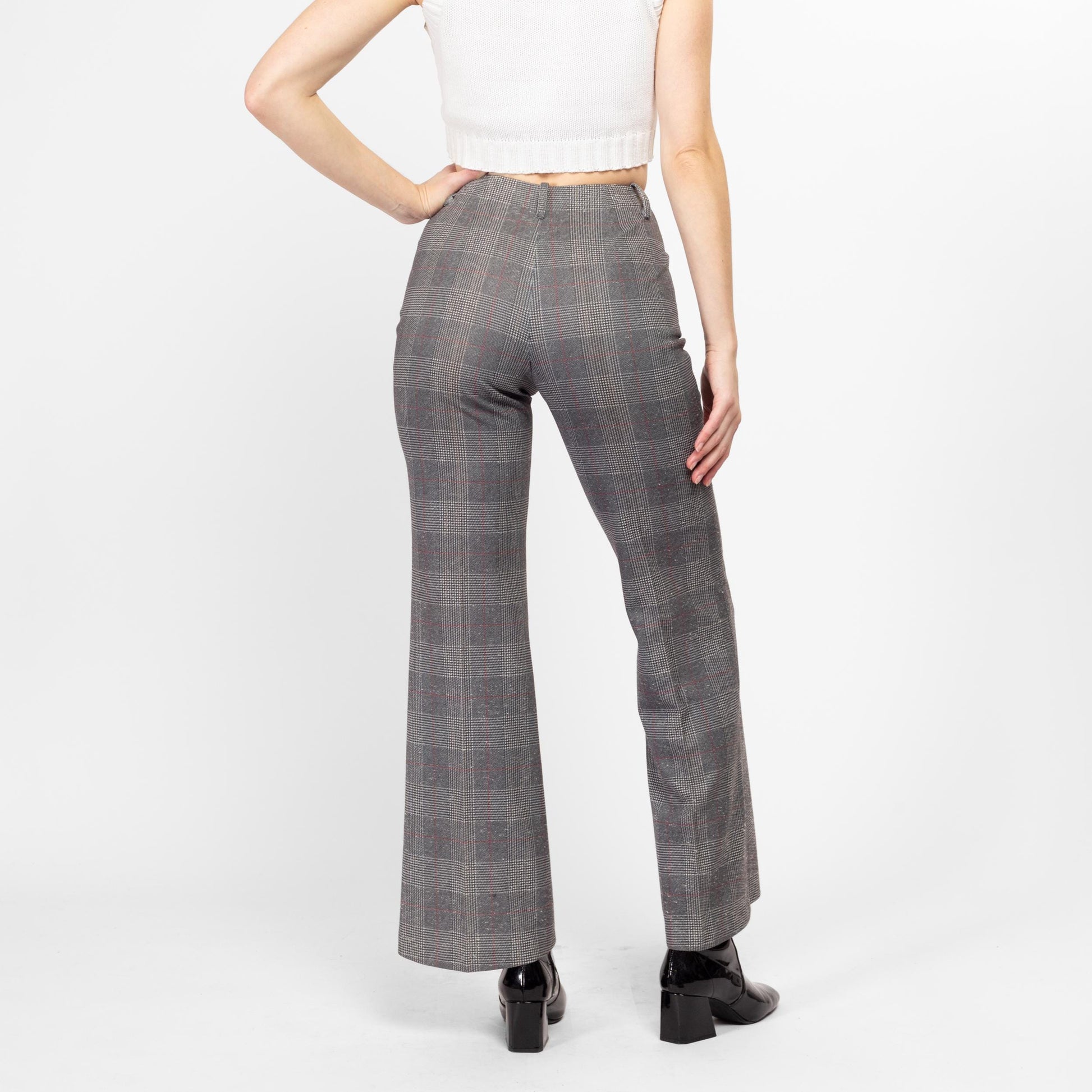 XS 70s Grey Plaid High Waisted Pants 24.5" | Vintage Polyester Casual Bootcut Flare Trousers
