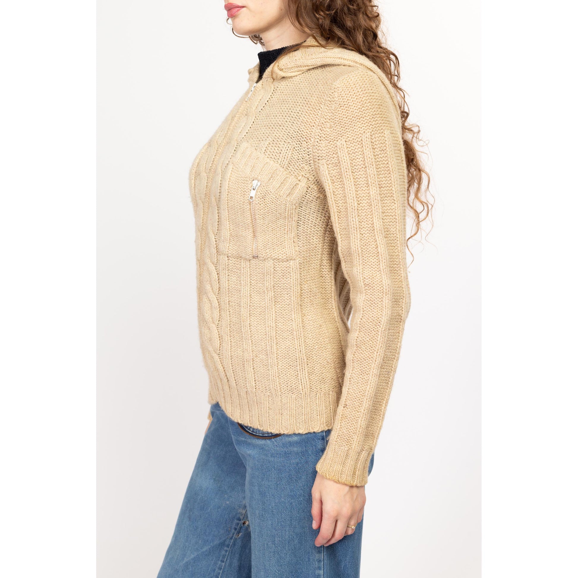 Medium 70s Cable Knit Wool Hooded Cardigan | Vintage Cream Knit Zip Up Sweater