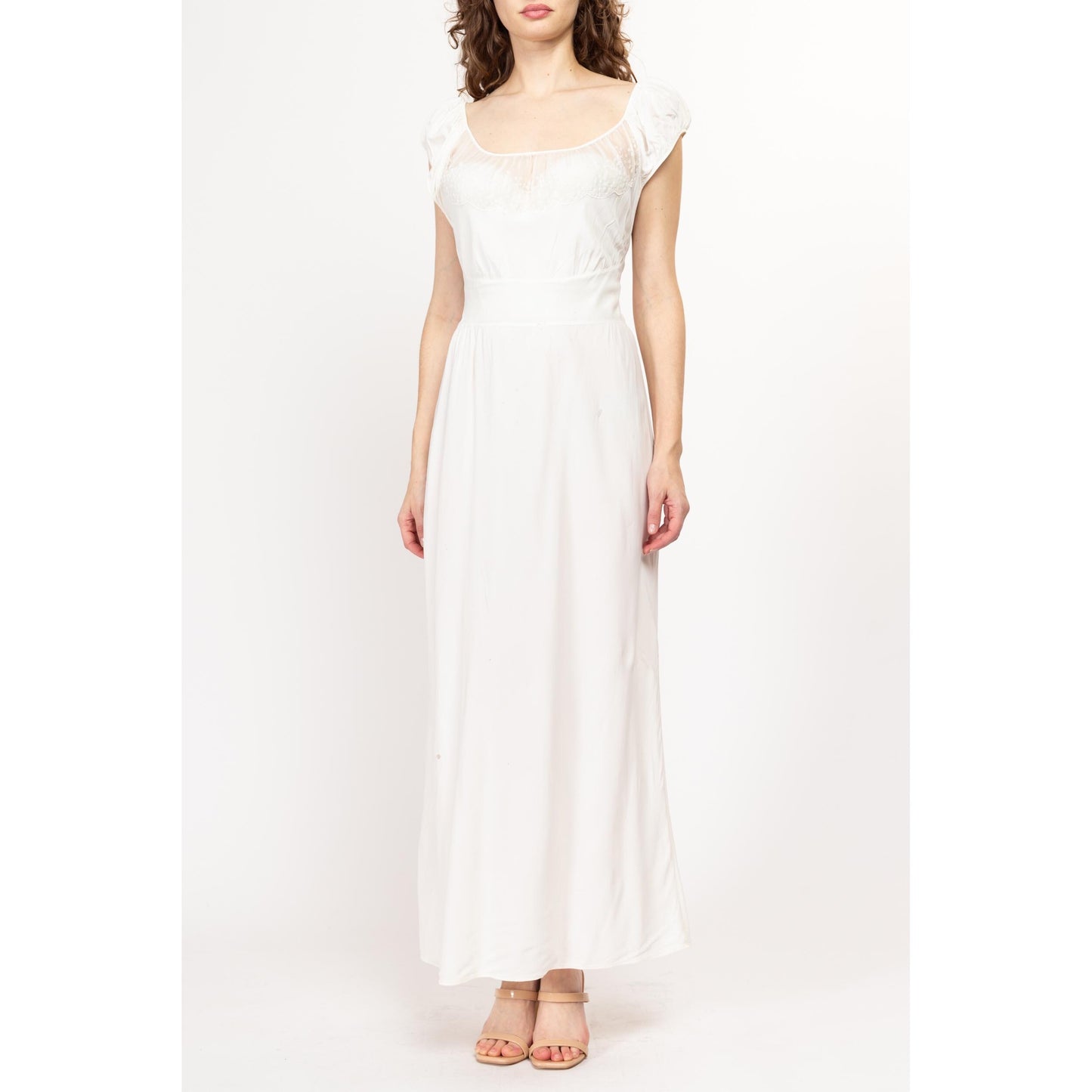 Medium 1950s White Shelf Bust Nightgown Maxi Dress | Vintage 50s Scoop Neck Sheer Lace Trim Lingerie Dress