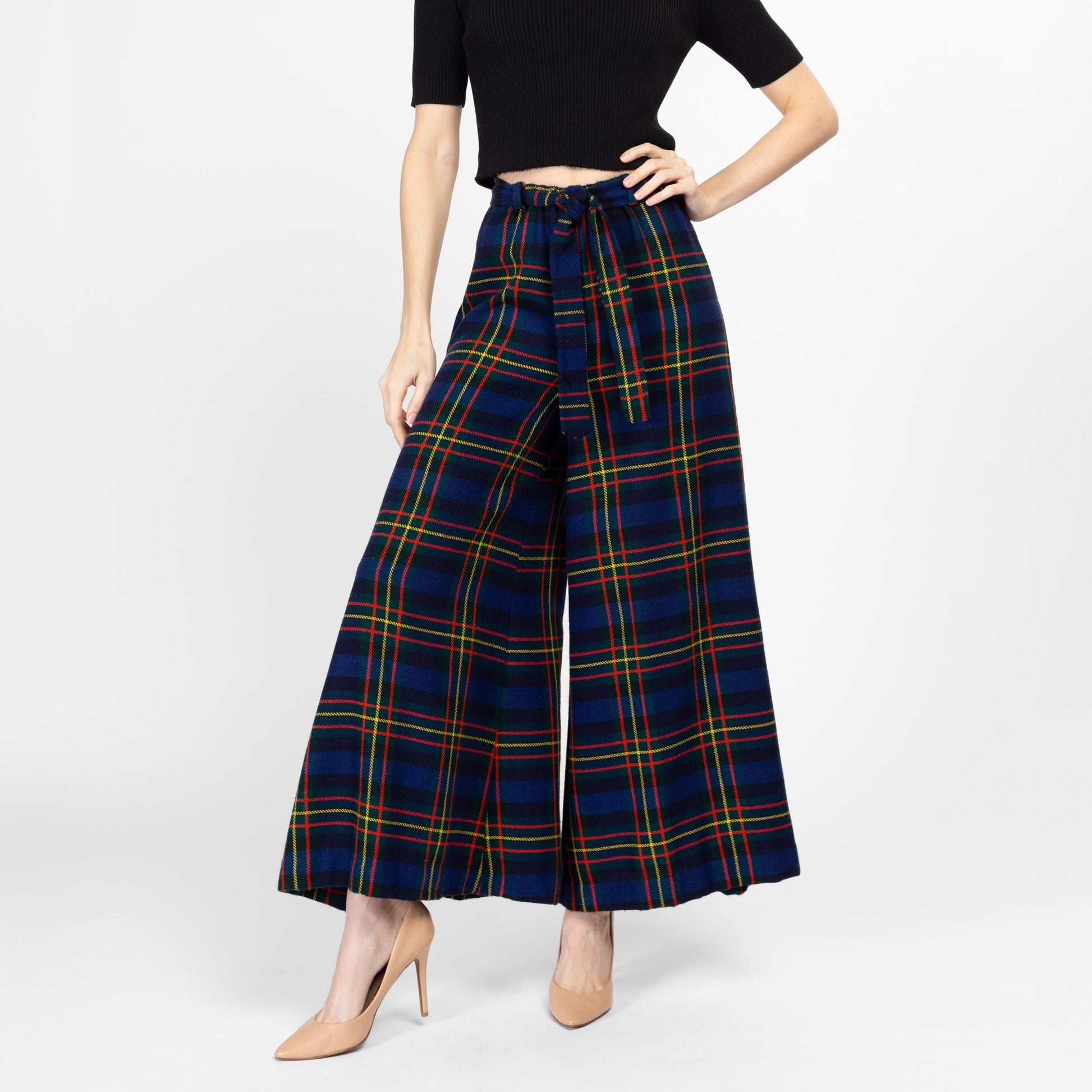 XS-Sm 70s Plaid Knit Elephant Bell Bottoms 24"-27" | Retro Vintage High Waisted Flared Palazzo Pants
