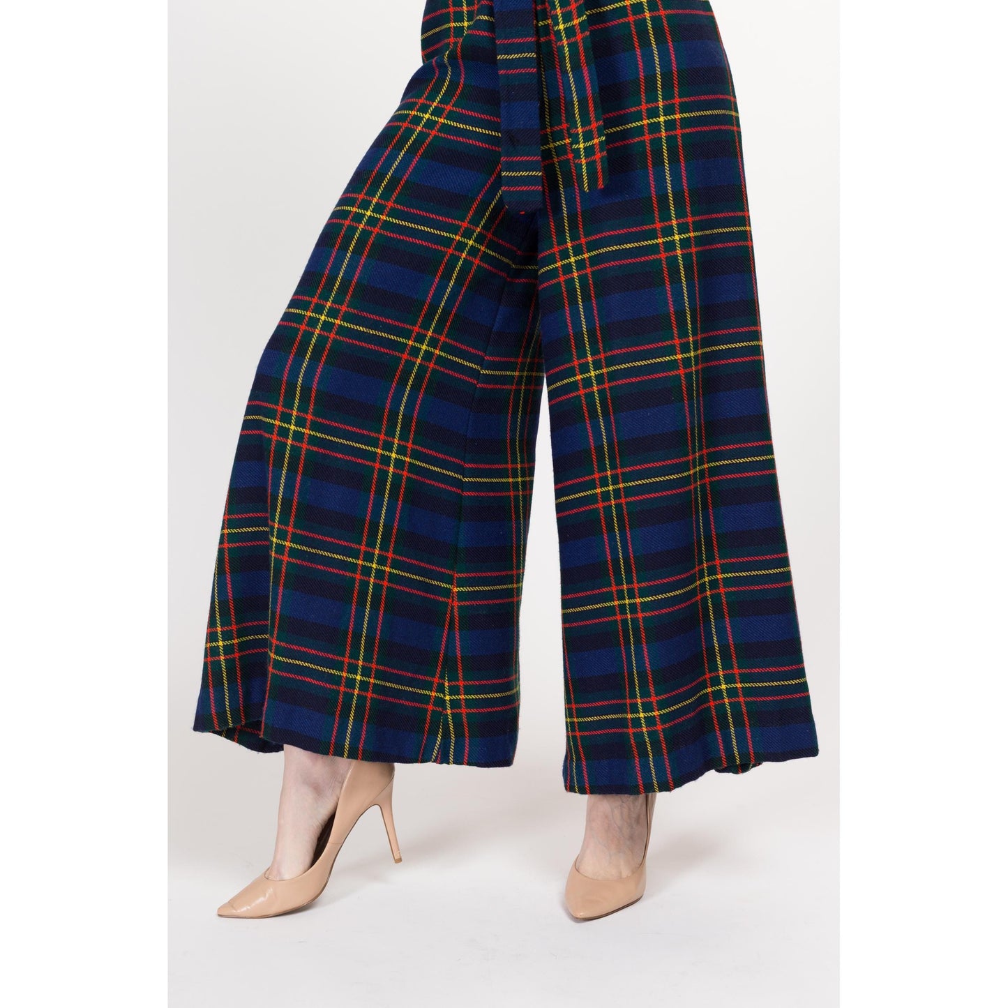 XS-Sm 70s Plaid Knit Elephant Bell Bottoms 24"-27" | Retro Vintage High Waisted Flared Palazzo Pants