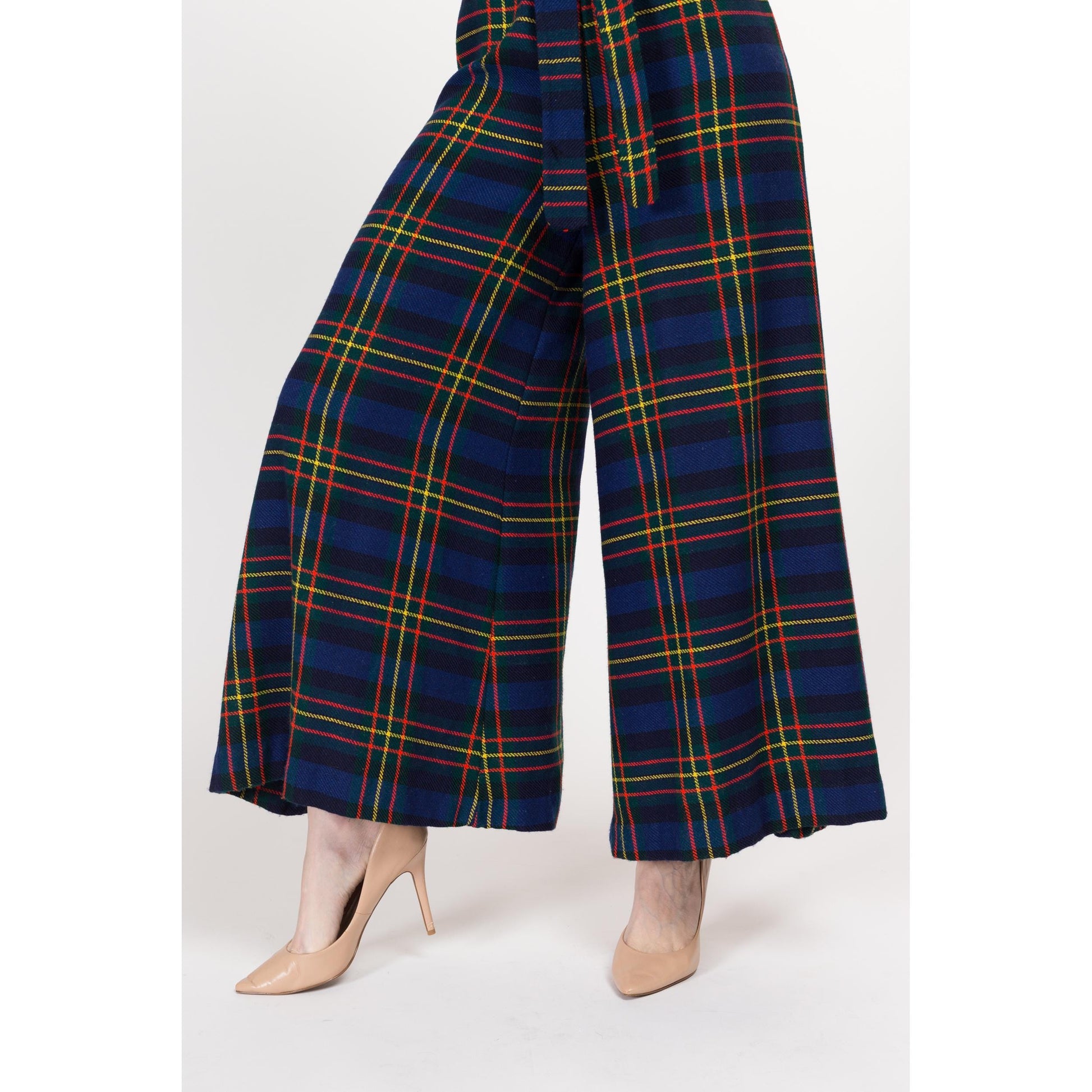 XS-Sm 70s Plaid Knit Elephant Bell Bottoms 24"-27" | Retro Vintage High Waisted Flared Palazzo Pants