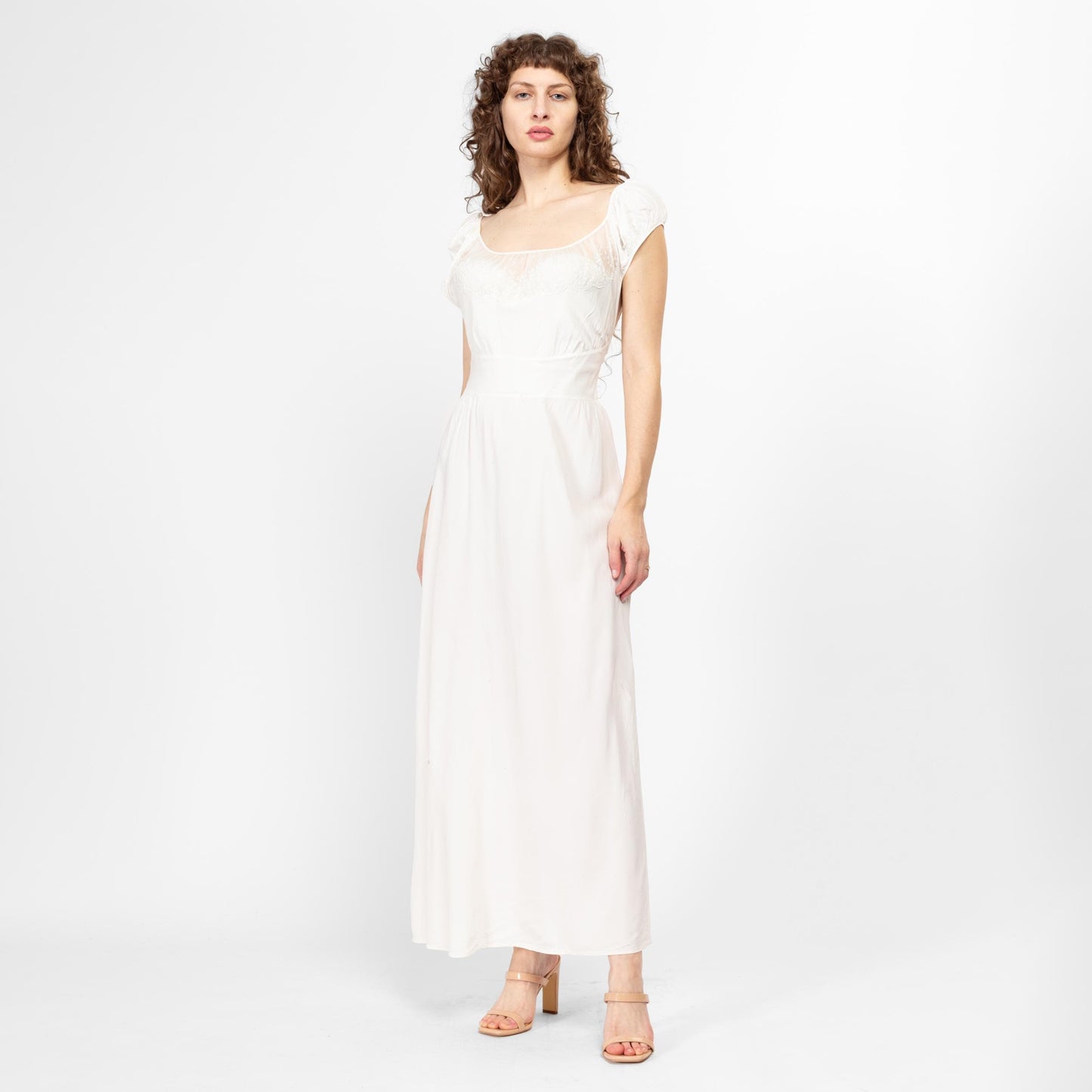 Medium 1950s White Shelf Bust Nightgown Maxi Dress | Vintage 50s Scoop Neck Sheer Lace Trim Lingerie Dress