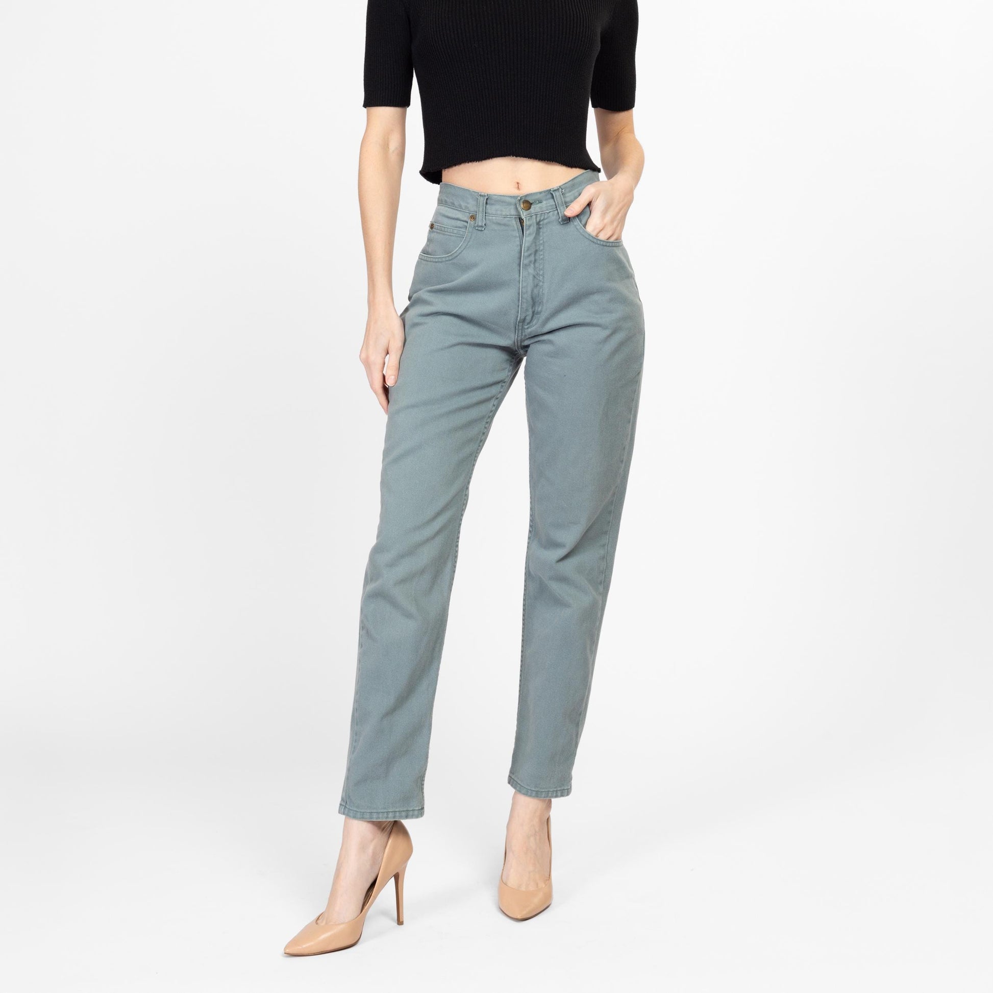 Small 90s Eddie Bauer Sage Green High Waisted Jeans 26.5" | Vintage Denim Tapered Leg Mom Jeans
