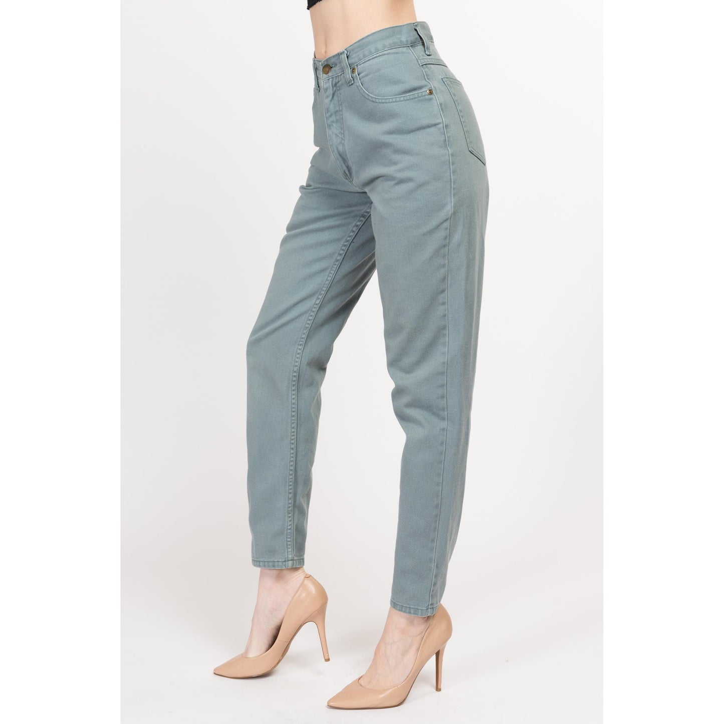 Small 90s Eddie Bauer Sage Green High Waisted Jeans 26.5" | Vintage Denim Tapered Leg Mom Jeans