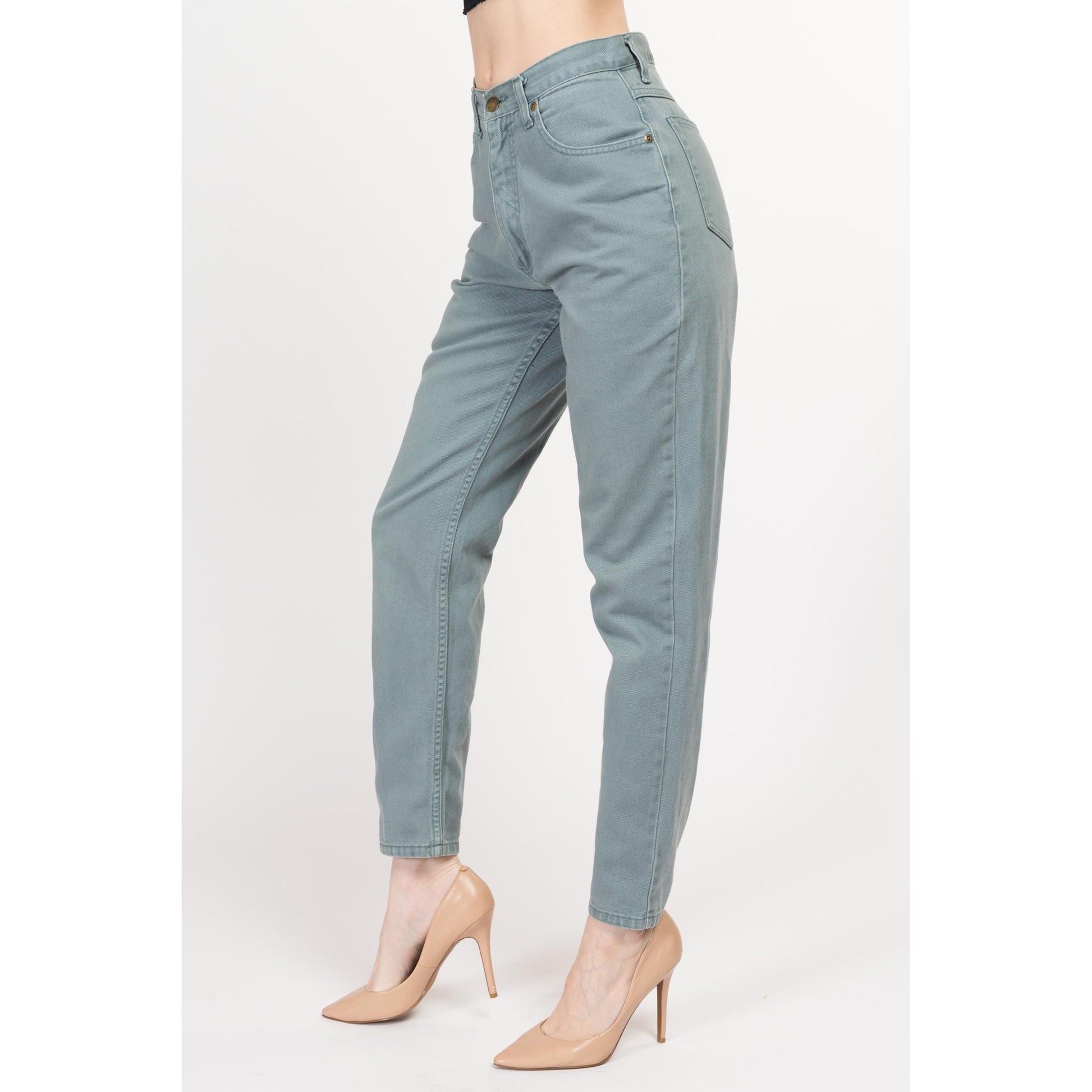 Small 90s Eddie Bauer Sage Green High Waisted Jeans 26.5" | Vintage Denim Tapered Leg Mom Jeans