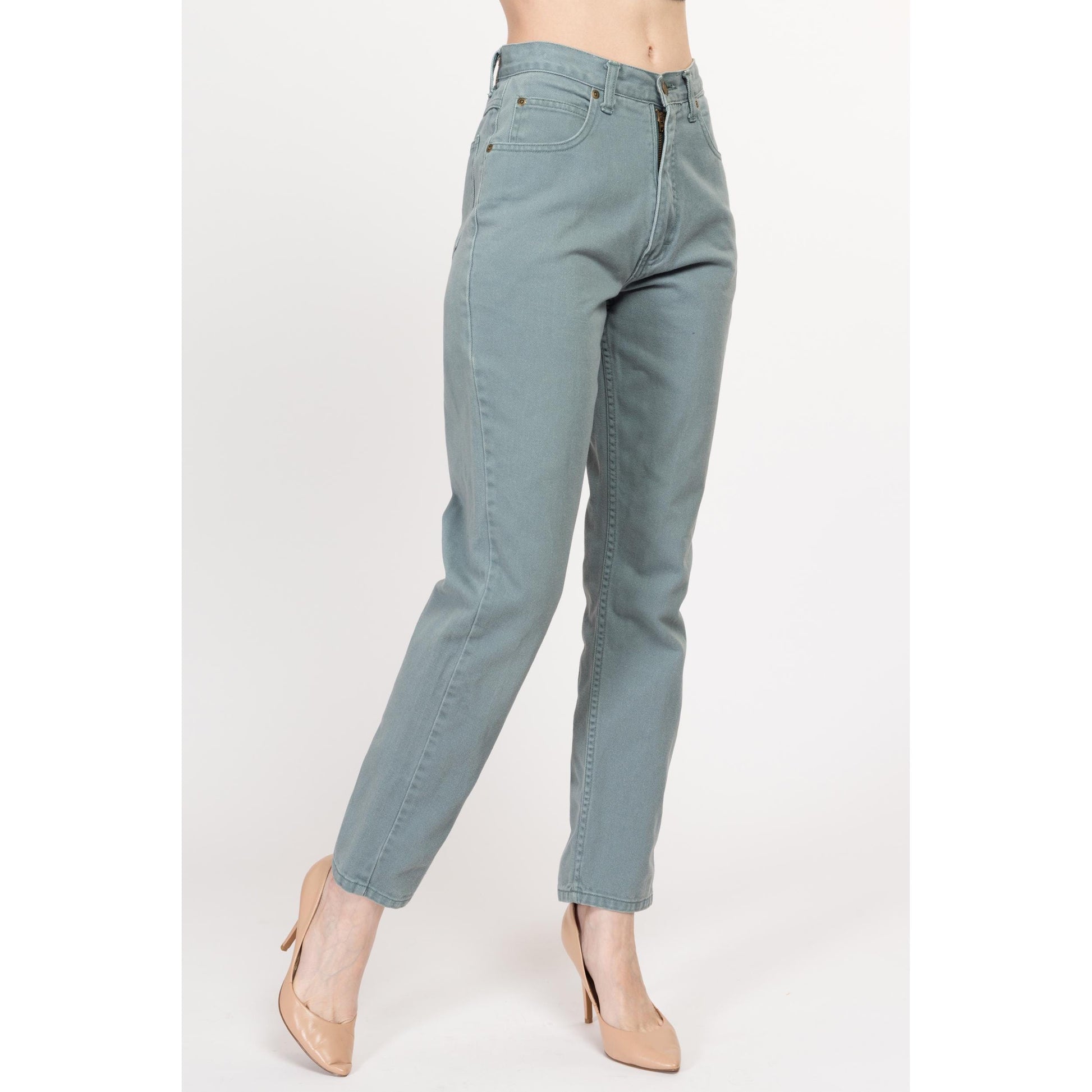 Small 90s Eddie Bauer Sage Green High Waisted Jeans 26.5" | Vintage Denim Tapered Leg Mom Jeans