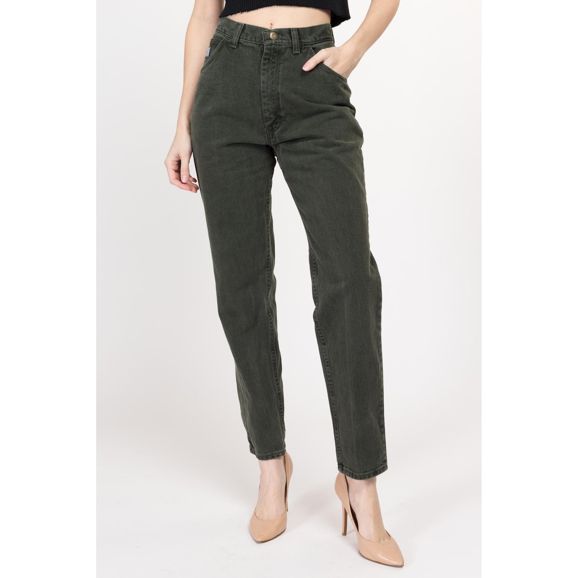Small 90s Wrangler Army Green High Waisted Jeans 26" | Vintage Denim Tapered Leg Mom Jeans
